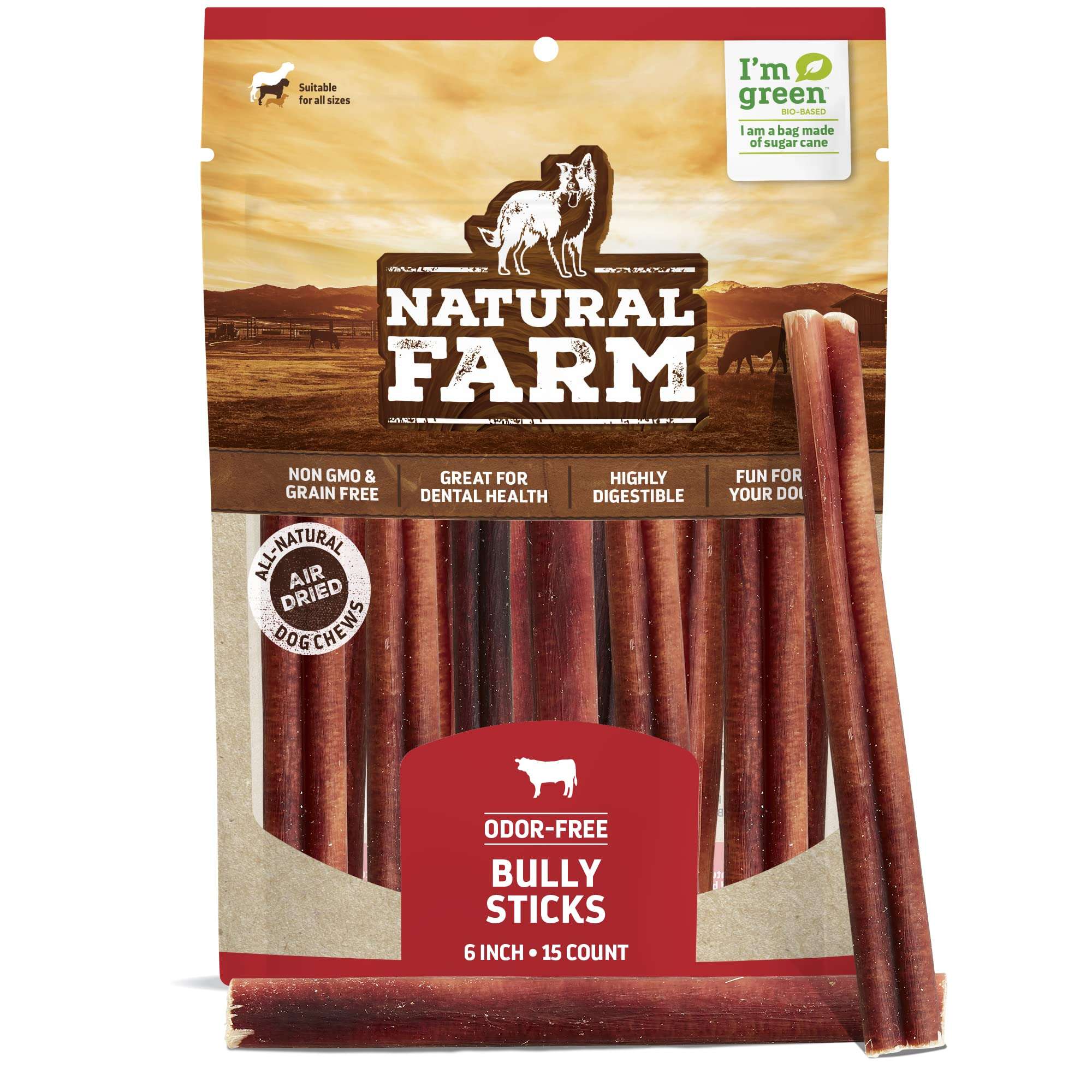 Natural Farm Odor-Free Bully Sticks (6 Inch, 20 Pack), 100% Beef Chews for Pups, Small and Medium Dogs, Non-GMO, Grain-Free, Fully Digestible, Natural Treats to Keep Your Dog Busy