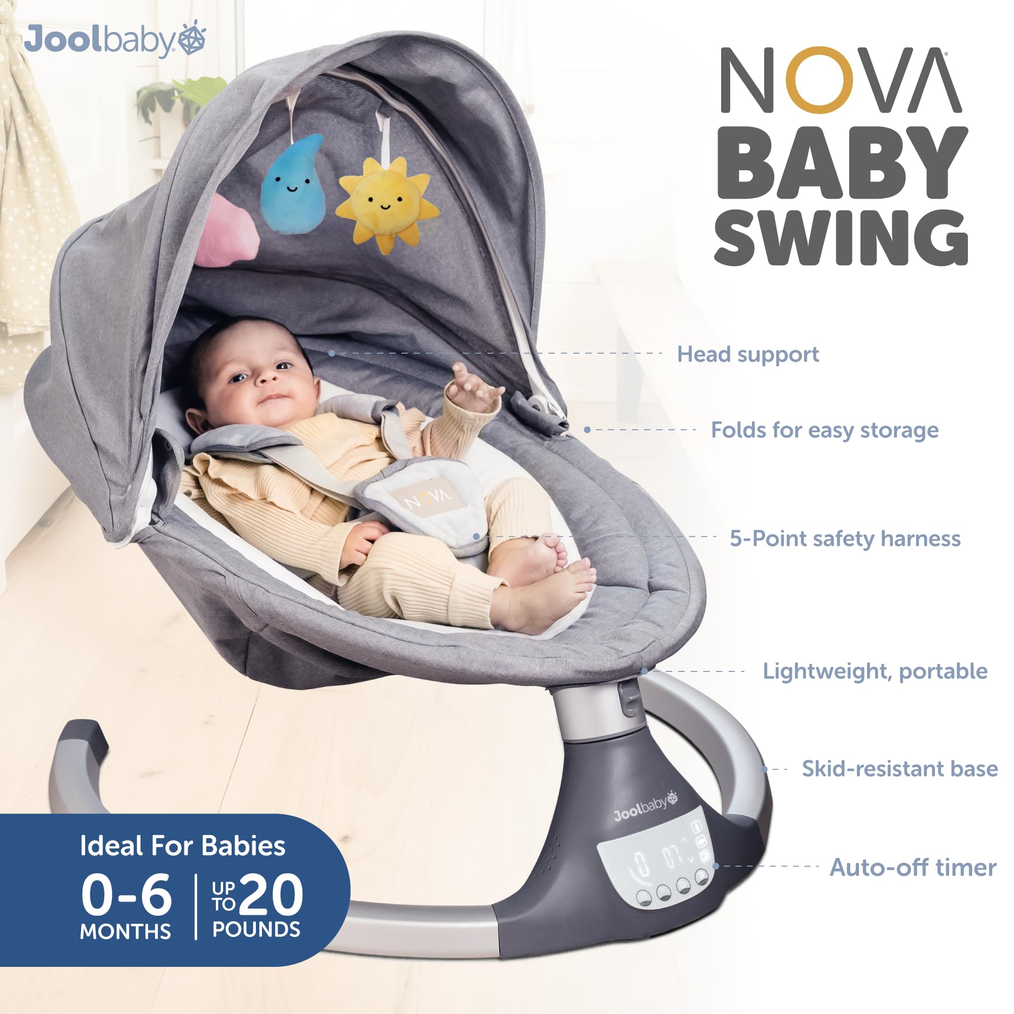 Nova Baby Swing for Newborns - Electric Motorized Infant Swing, Bluetooth Music, 10 Preset Melodies, Remote (2024 Model) - Jool Baby (Gray)