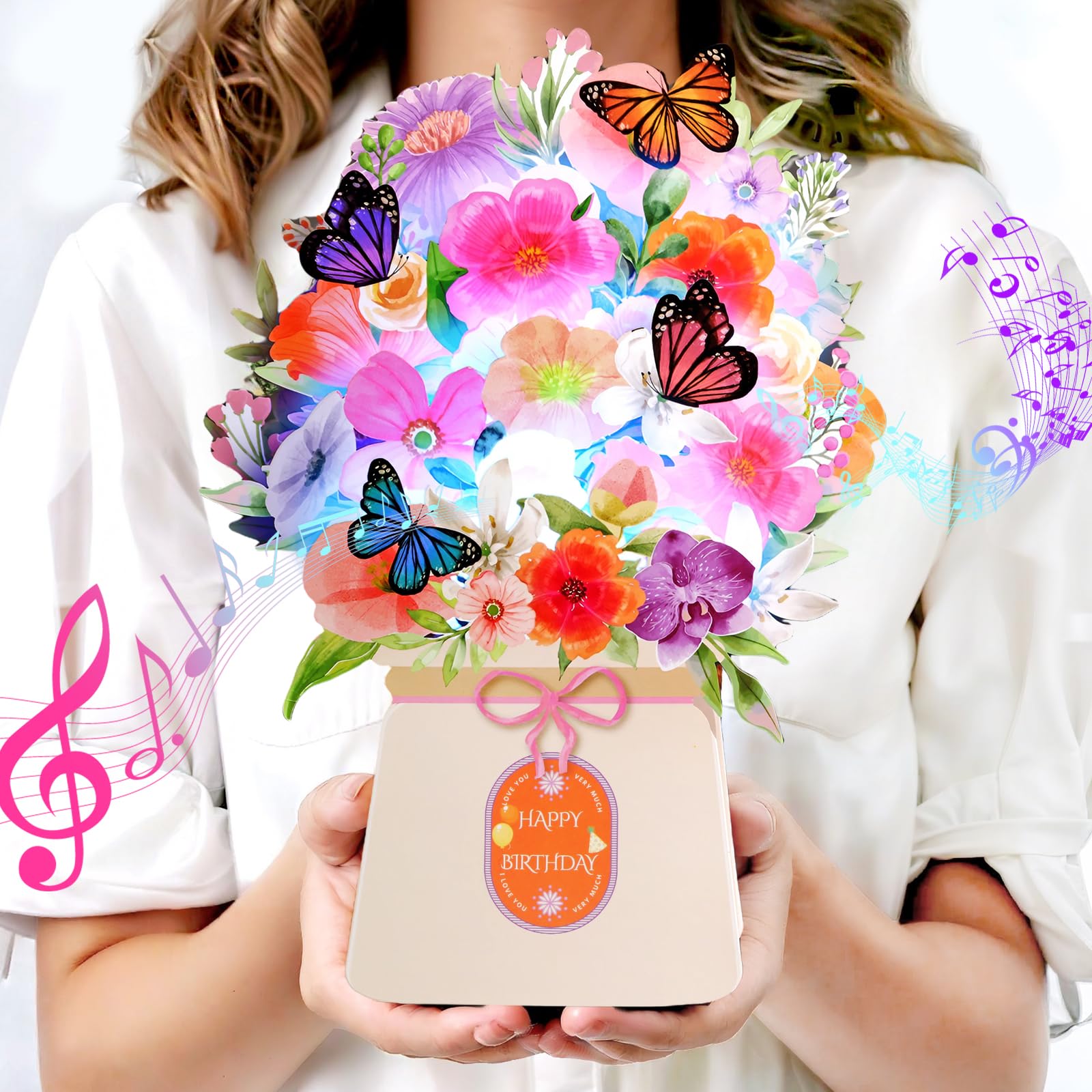 Yinqing Geburtstagskarten, Licht- und Musik-Geburtstagskarte, Lilie und Schmetterlinge, 10 Zoll lebensgroßer ewiger Blumenstrauß 3D Pop-Up Geburtstagskarte Geschenk für Frauen Ehefrau Mutter Tochter Schwester
