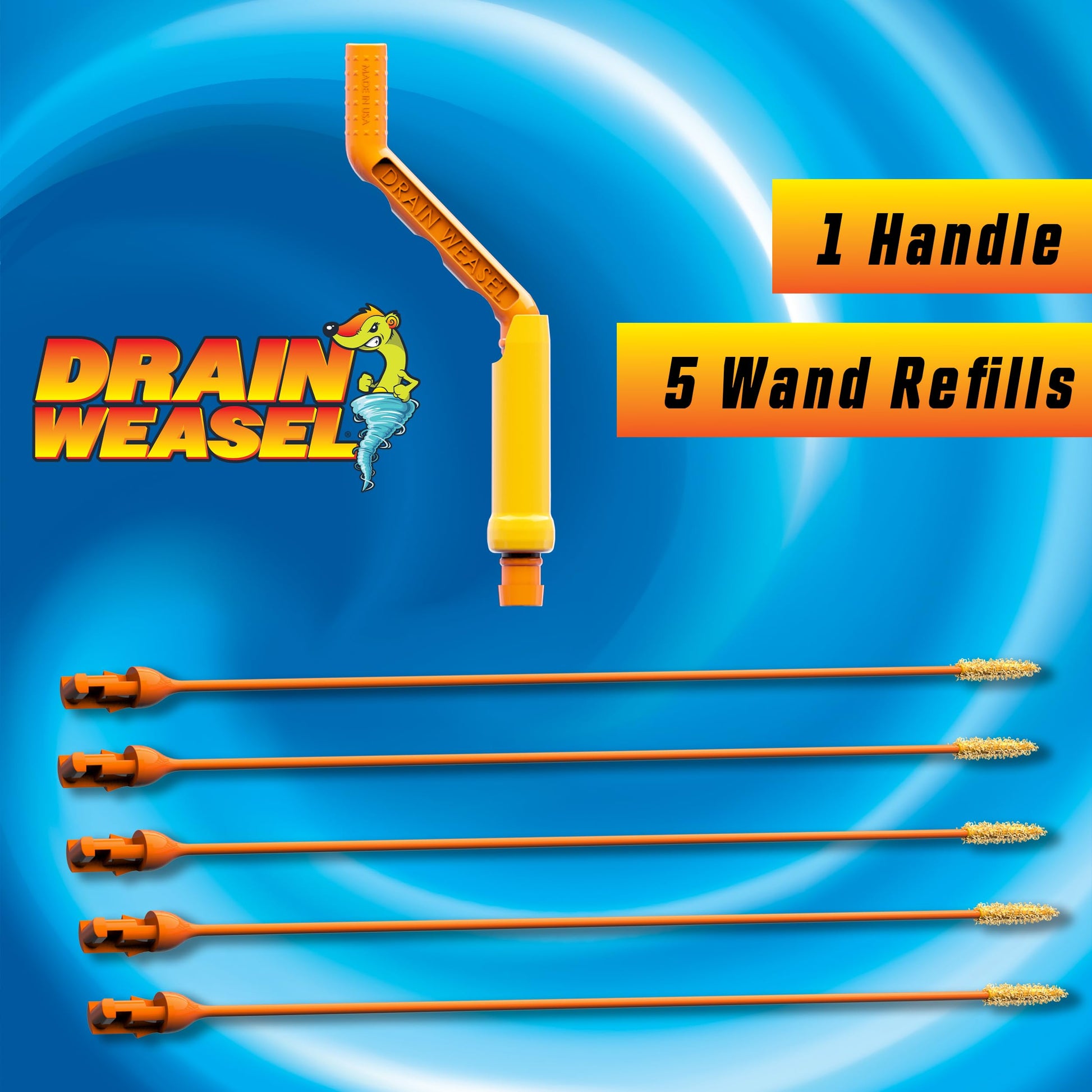 FlexiSnake Drain Weasel Sink Snake Hair Clog Remover Tool, Pipe, Bathroom, Bathtub Cleaner, 18-inch, Made in the USA, 5 Wands and Removable Handle