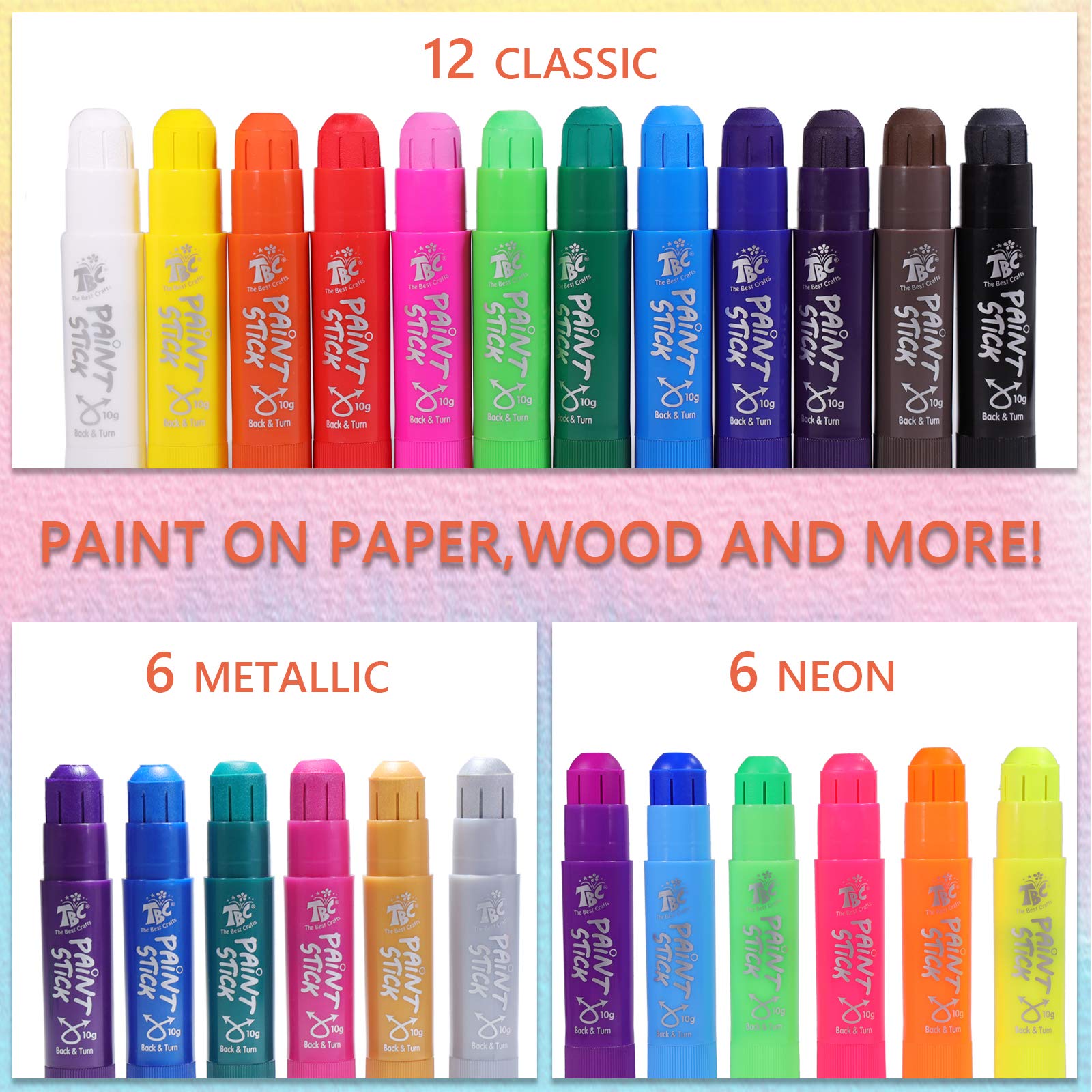 TBC The Best Crafts Paint Sticks,24 Classic Colors, Washable Paint, Non-toxic, Tempera Paint Sticks for Kids and Students