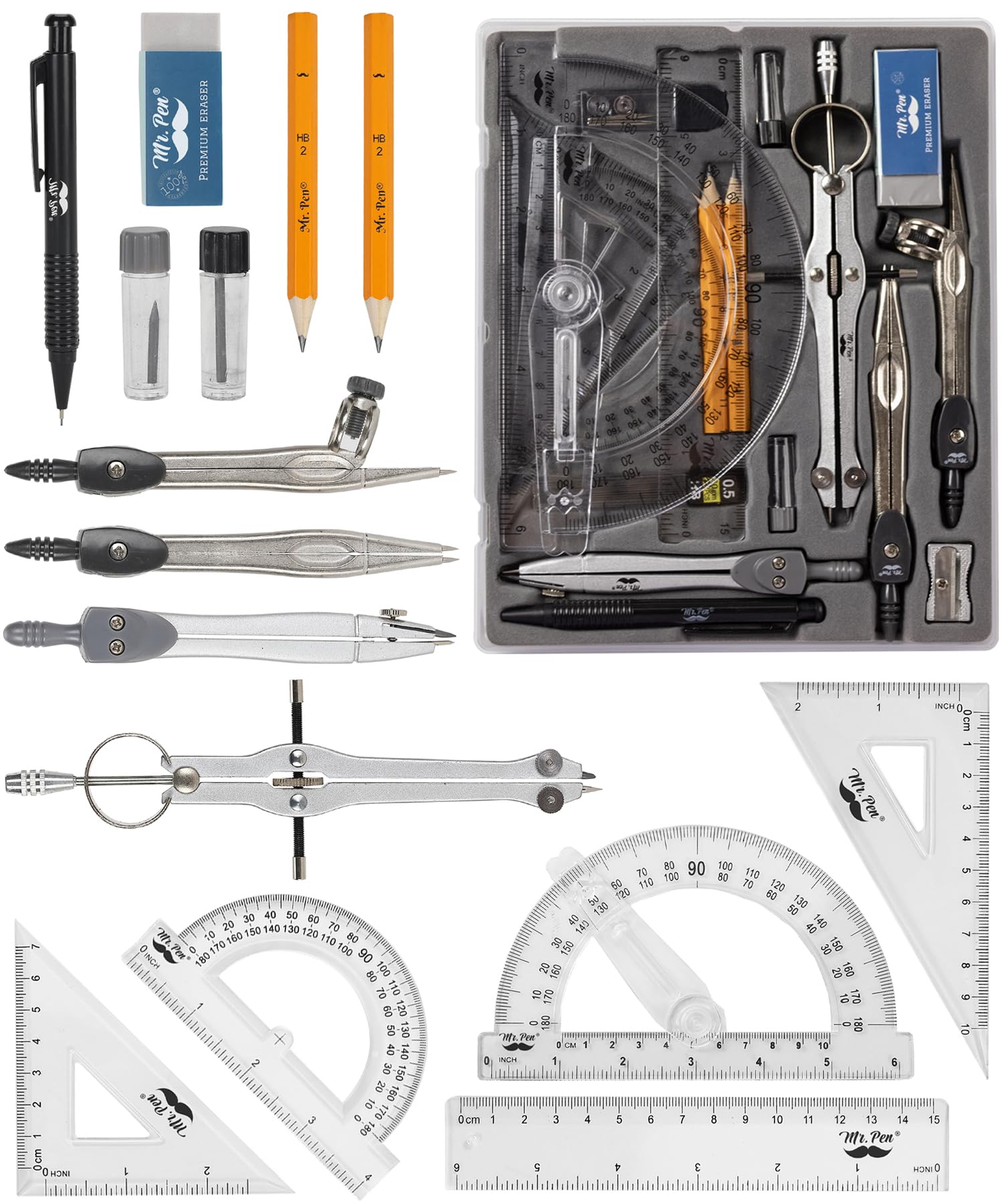 Mr. Pen Geometrieset mit 6 Zoll Winkelmesser mit Schwenkarm, Zirkel, Geodreiecken, Lineal, Kompass und Winkelmesser, 15-teiliges Set, Schulsachen für den Schulanfang