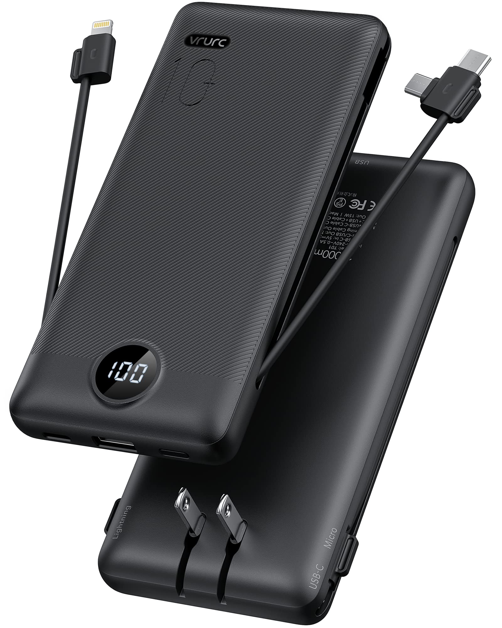 VRURC Portable Charger Built-in Cables and AC Wall Plug, USB C Power Bank 10000mAh, [2023 Upgraded Version] Phone Charger Compact Lightweight External Battery Pack for Smart Phones, Tablets etc-White