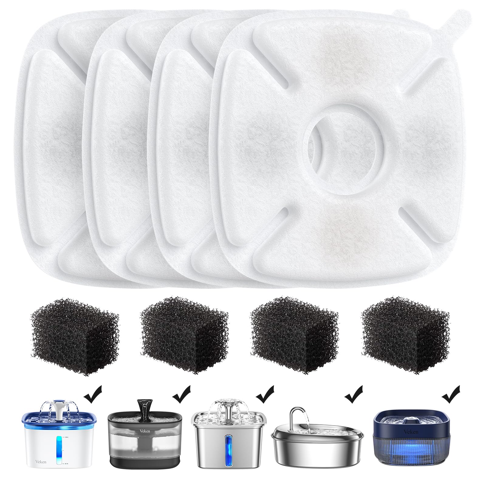 Veken Cat Water Fountain Filter, Classic 4 Pack Replacement Filters & 4 Pack Replacement Pre-Filter Sponges for 67oz, 95oz, 135oz Automatic Pet Fountain Dog Water Dispenser