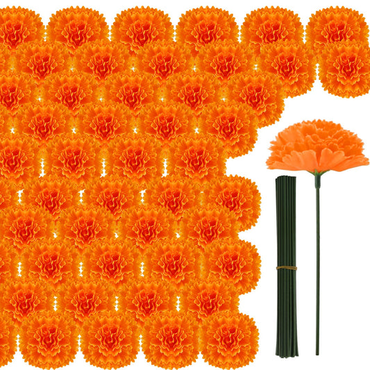 Hananona 100 Pcs Marigold Flower Heads Bulk, Silk Marigold Heads Artificial Flowers for Diwali Home Decor DIY Wreath Garland Day of The Dead Decoration (100, Orange)