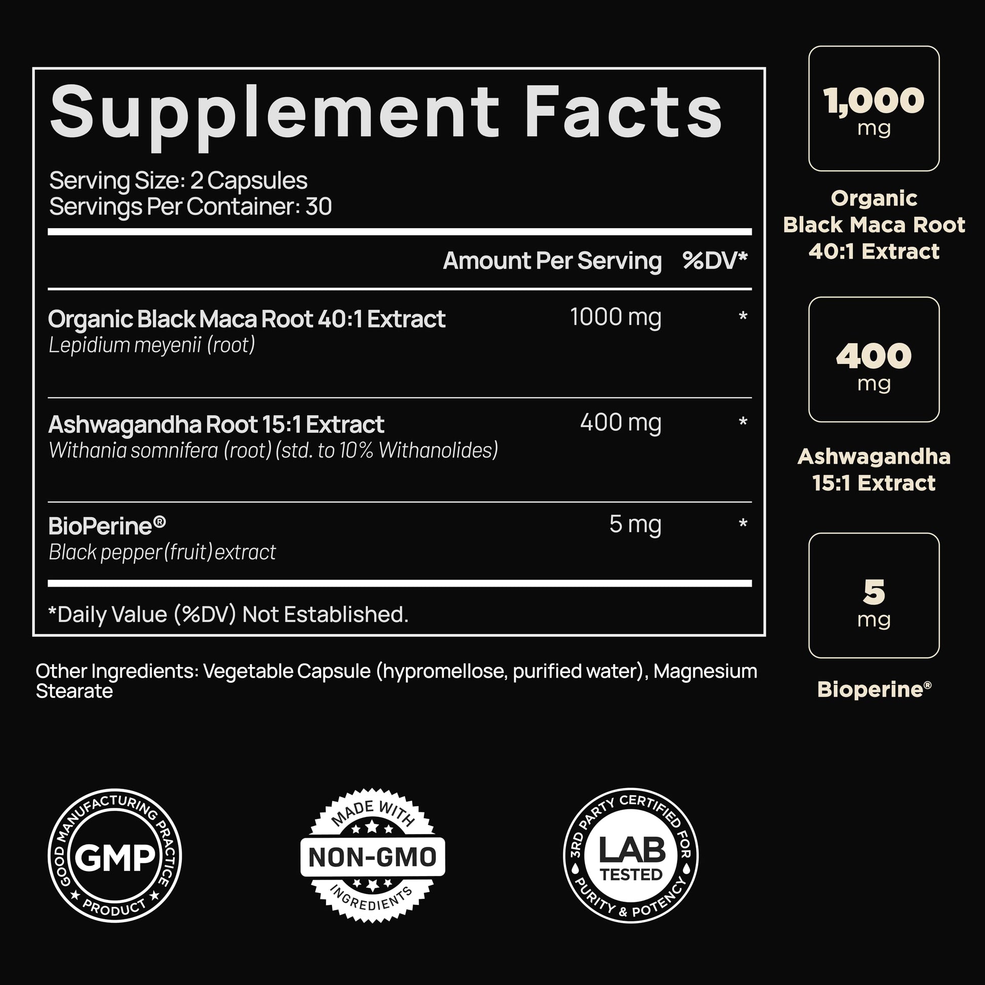 ELMNT 40,000mg 40x Strength Organic Black Maca Root + Ashwagandha - #1 Highest Potency Black Maca Root Capsules for Men Supplement 100% Pure Maca Peruana 40:1 Extract Maca Powder Pills Male Booster