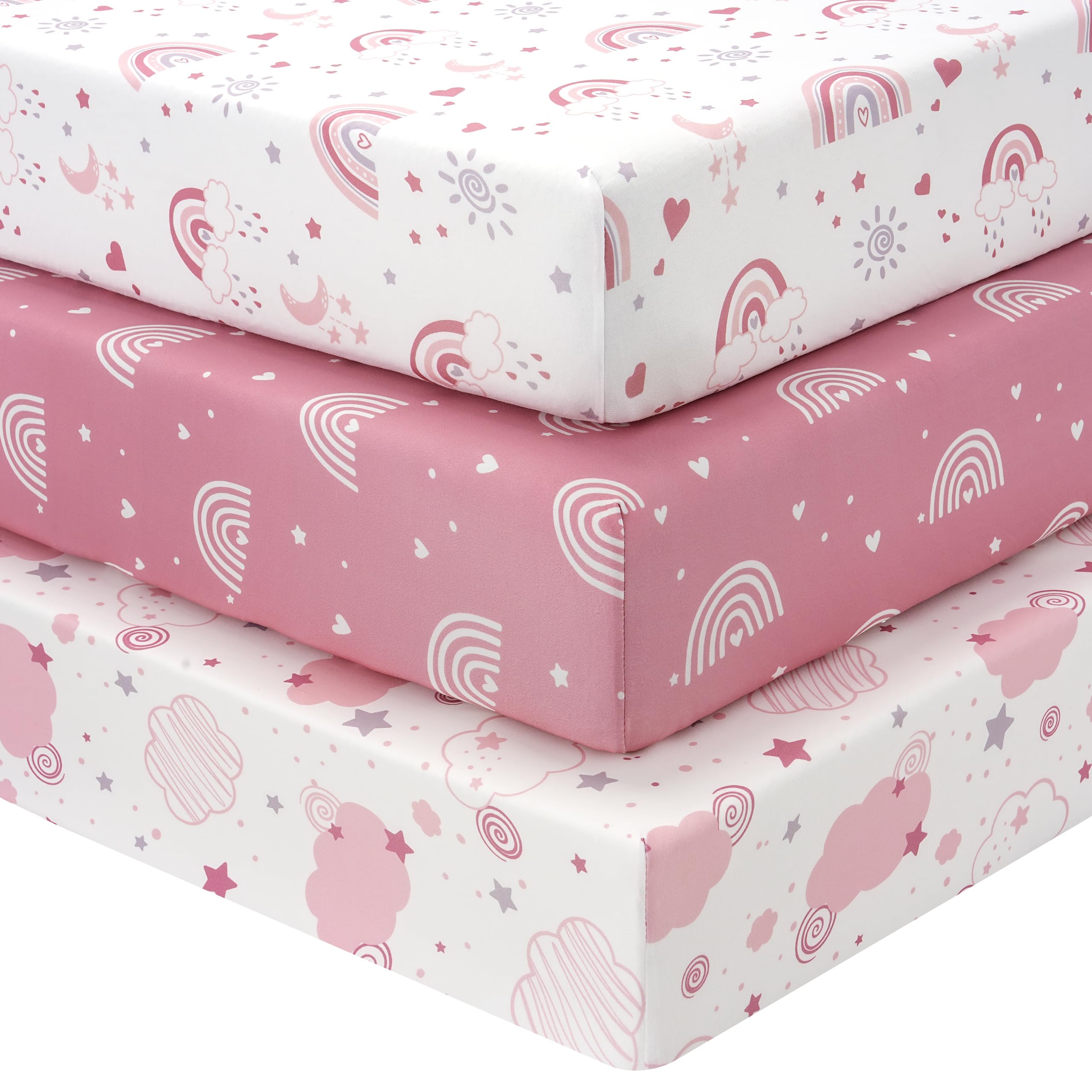 FIEMOL Baby Crib Sheets Girl, 3 Pack Toddler Bed Sheets Fitted for 52"x28" Standard Crib and Toddler Mattresses, Super Soft Microfiber Pink Rainbow