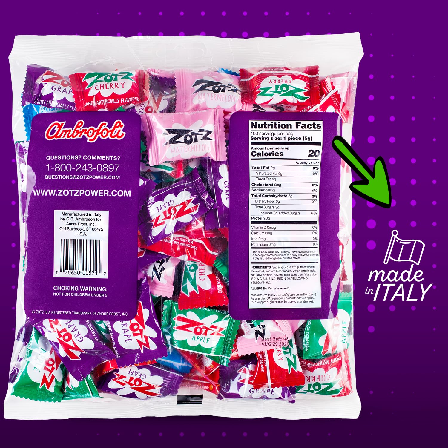 Zotz Fizzy Bulk Candy (Assorted, 100 Units)- Hard Candy Individually Wrapped- Assorted 7 Fruit Flavors, Cherry, Watermelon, Strawberry, Blue Raspberry, Apple, Orange & Grape- From Italy Since 1970