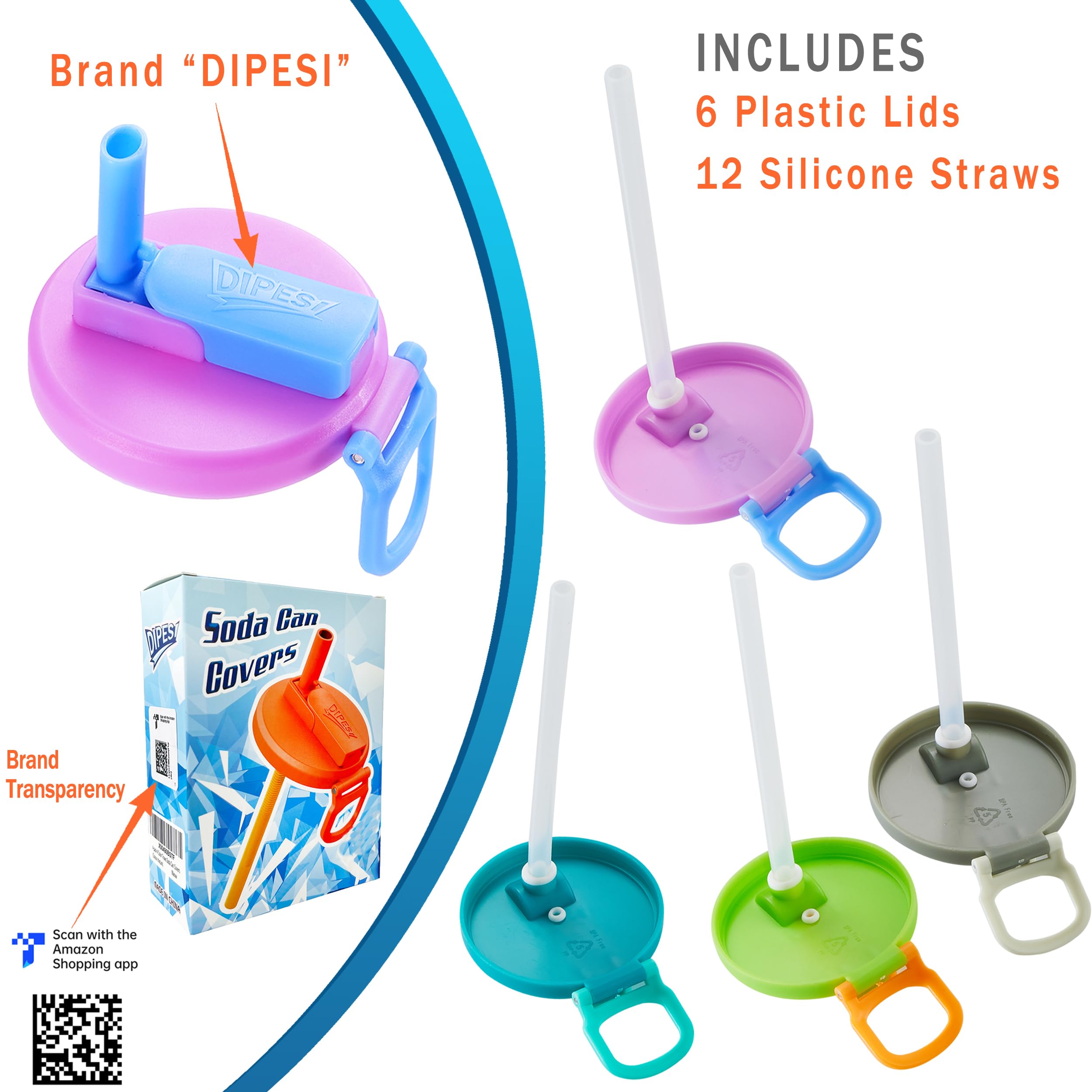 DIPESI 6 pack 6 color Soda Can Lids with Straws, Reusable Silicone Straws Soda ​Can Covers, BPA-Free,Airtight Seal, Easy to Use, Prevents Spills, Fits Standard Cans.