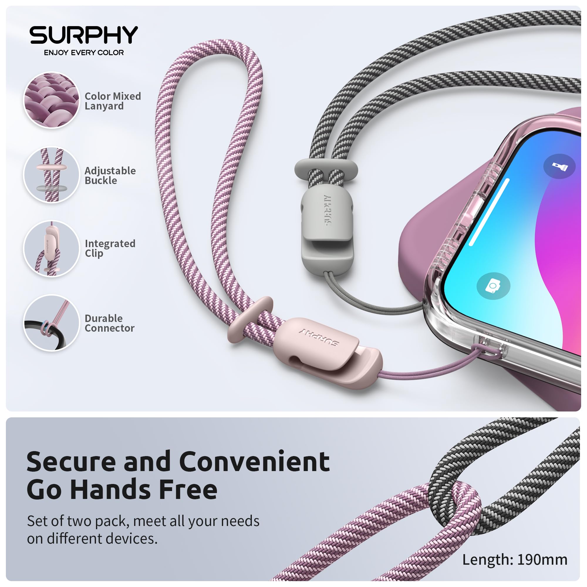 SURPHY 2 Pack Phone Lanyard for Cellphone Case, Phone Wrist Strap for Case, Cellphone Strap with 2-Color Braided, Charm Wrist Lanyard for Women and Men, Pink & Gray