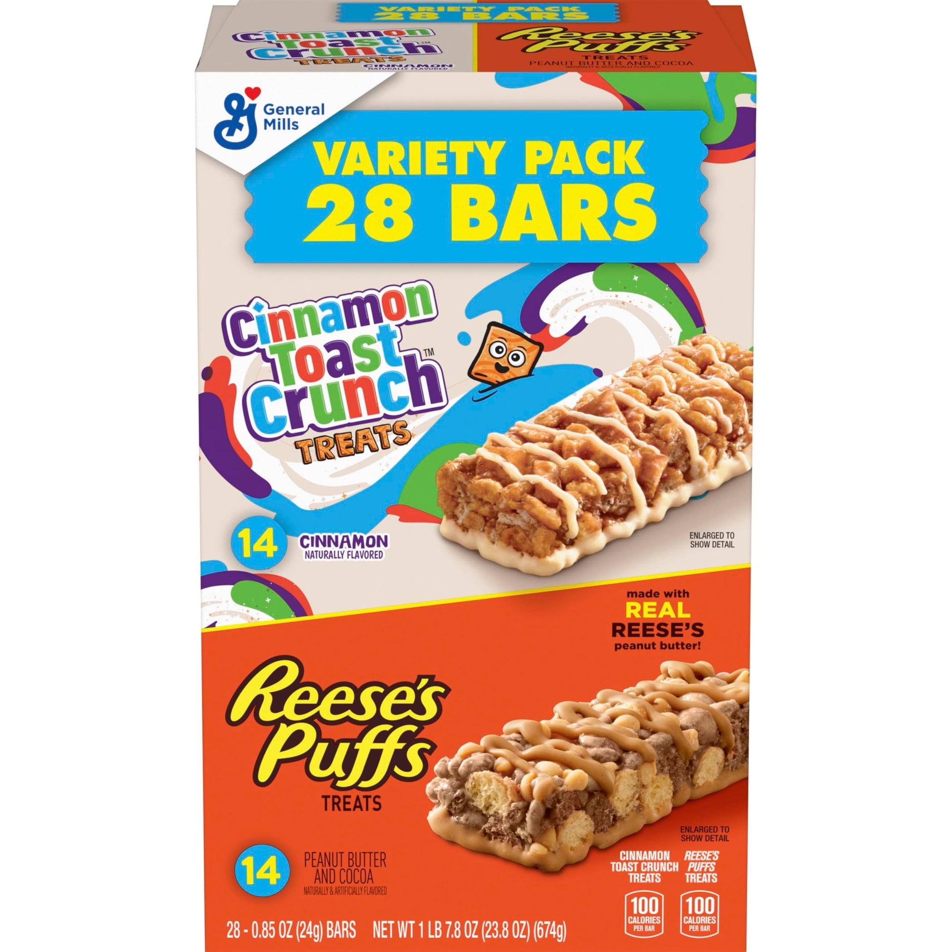 Cinnamon Toast Crunch and REESE'S Puffs Cereal Treat Bars Variety Pack, Snack Bars, 28 Ct, 23.8 oz