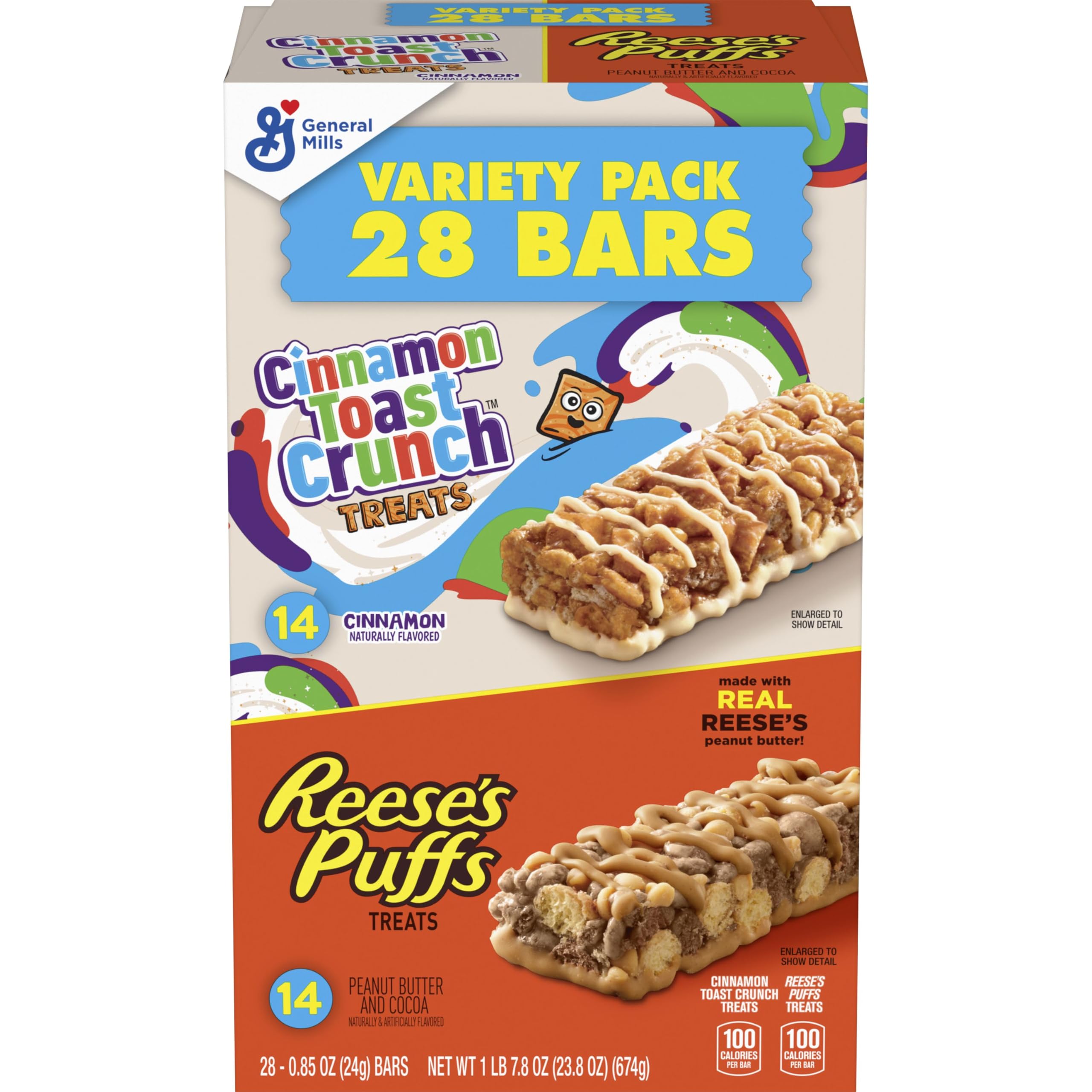 Cinnamon Toast Crunch and REESE'S Puffs Cereal Treat Bars Variety Pack, Snack Bars, 28 Ct, 23.8 oz