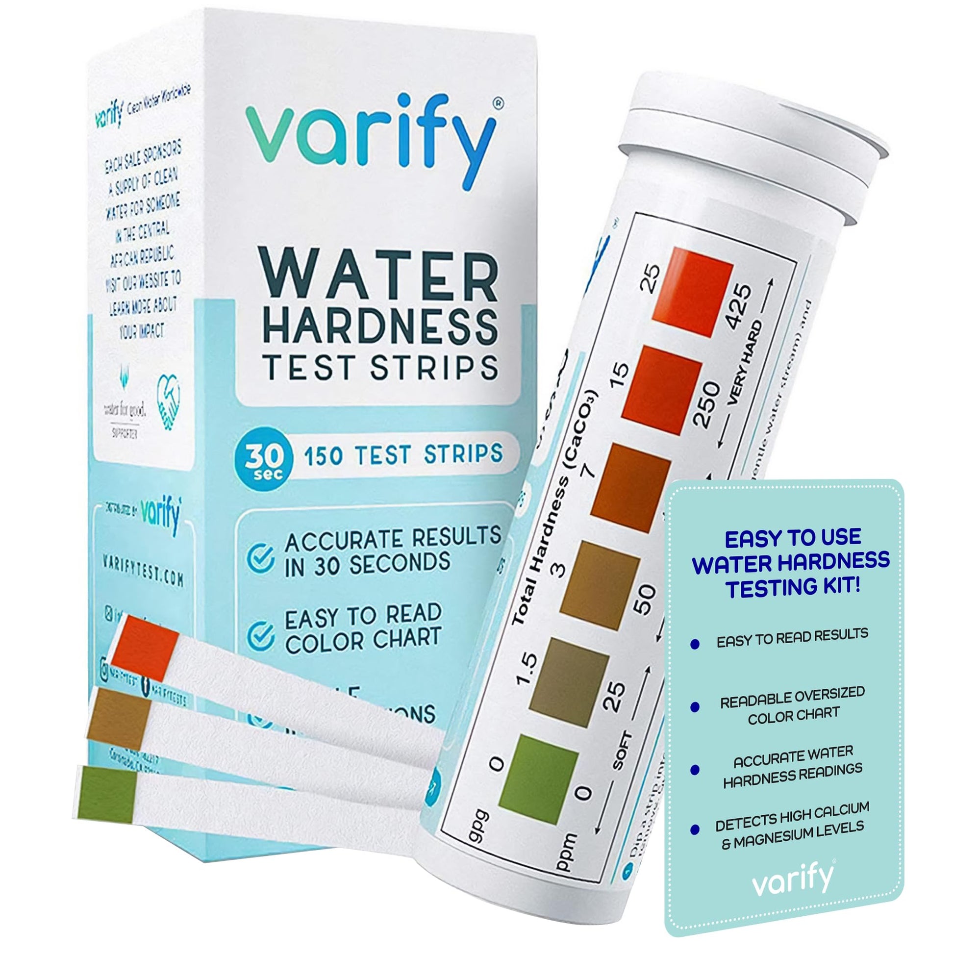 Varify Water Hardness Test Kit - Water Testing Kit for Home, Drinking, Well, Spa, Swimming Pool, Softener, Dishwasher & More - Hard Water Test Strips for Calcium, Magnesium etc (0-425 pmm, 150 Strips)