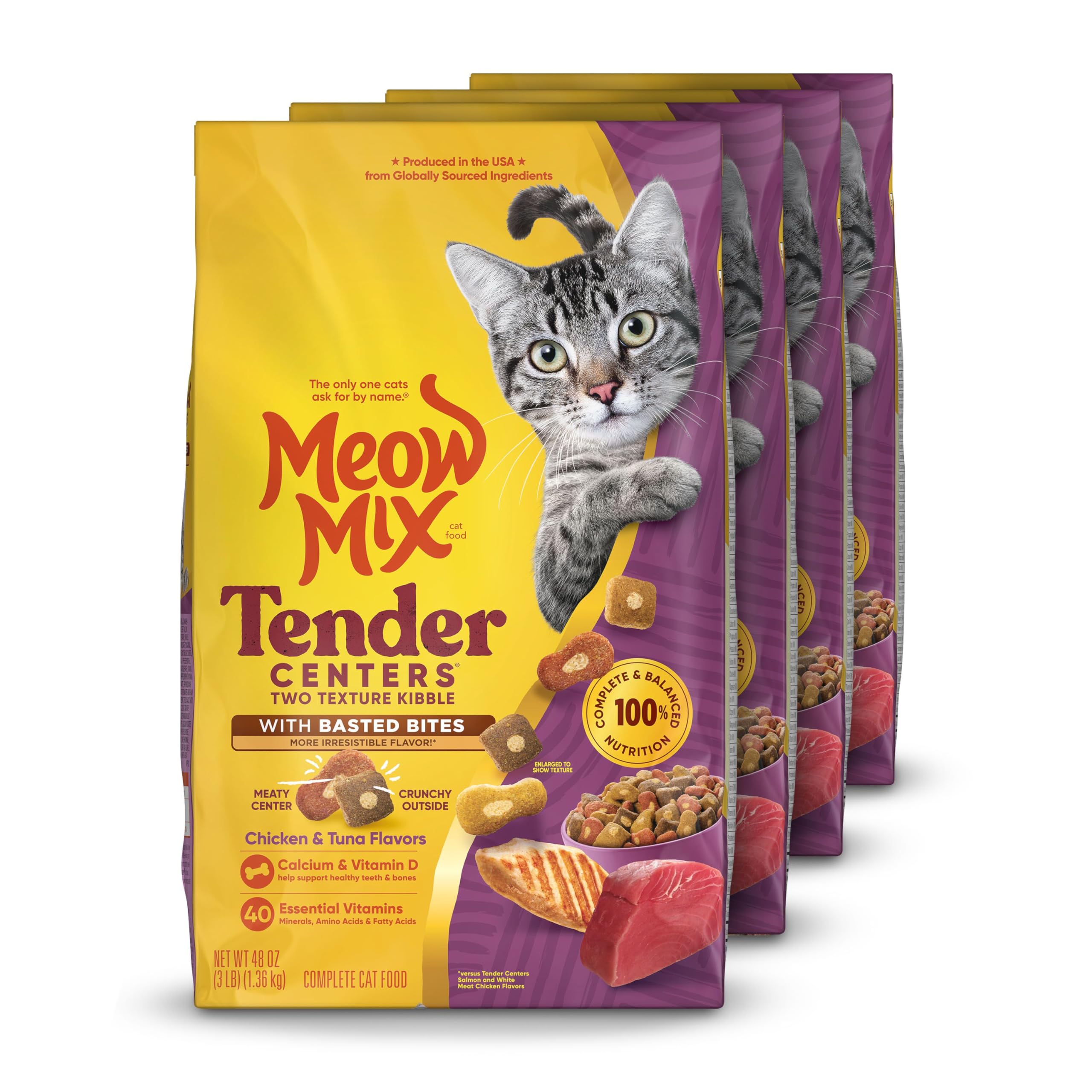 Meow Mix Tender Centers Basted Bites Dry Cat Food, Chicken & Tuna Flavor, 3 Pound (Pack of 4), Crunchy Outside Meaty Inside
