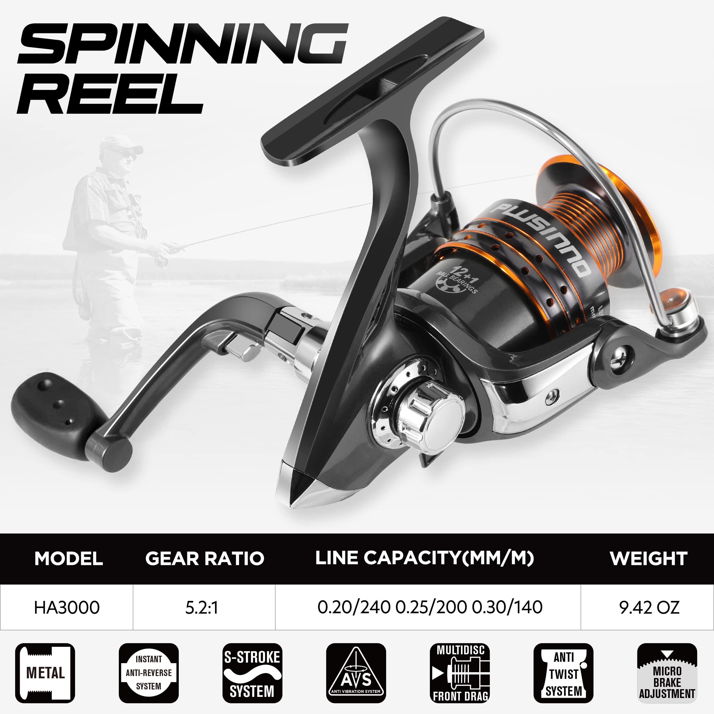 PLUSINNO Fishing Rod and Reel Combos -24 Ton Carbon Fiber Telescopic Fishing Pole - Spinning Reel 12 +1 Shielded Bearings Stainless Steel BB-Free Carrier Bag Case, Travel Saltwater Freshwater Fishing