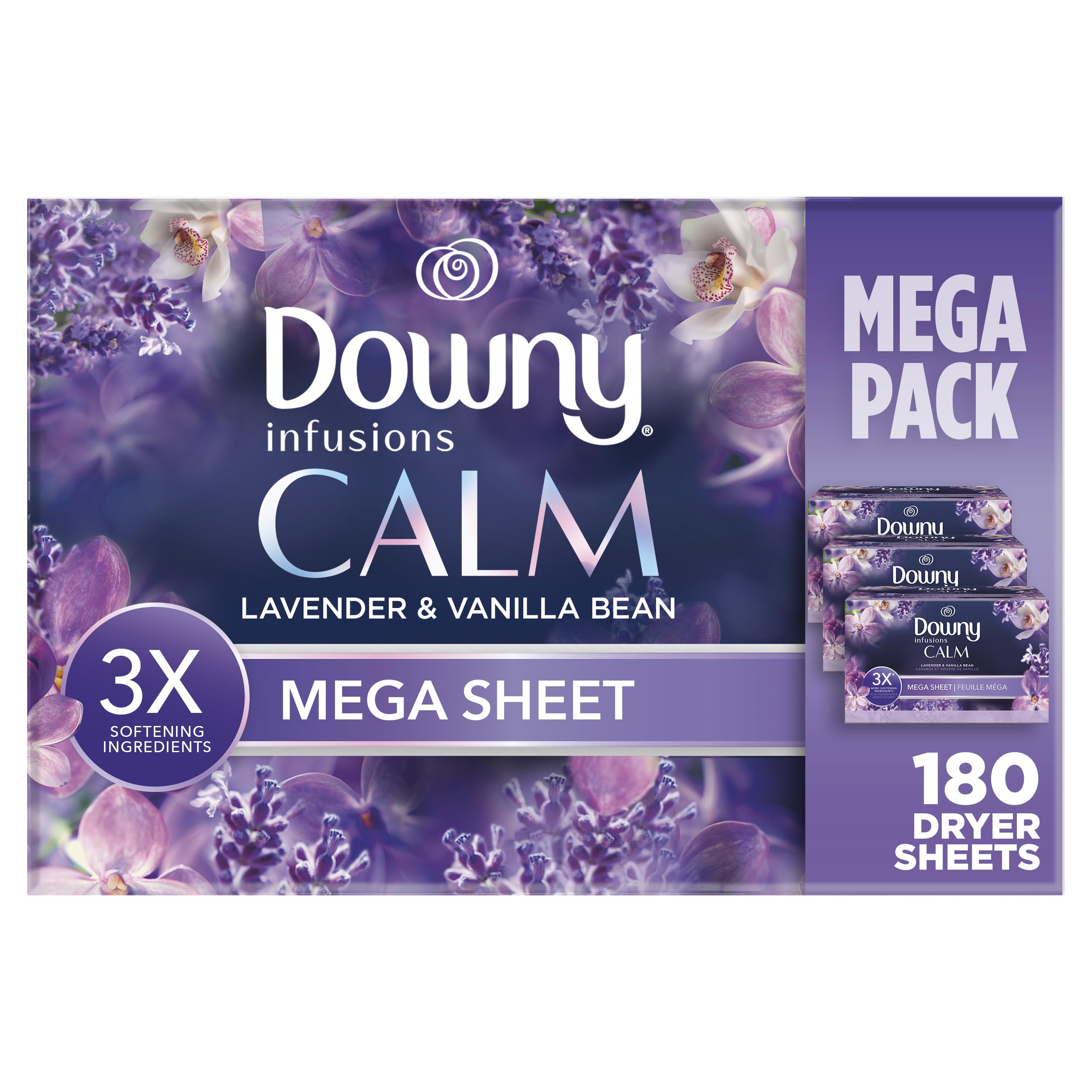 Downy Infusions Mega Dryer Sheets, Laundry Fabric Softener, CALM, Lavender and Vanilla Bean, 180 Count (3 box of 60 sheets)