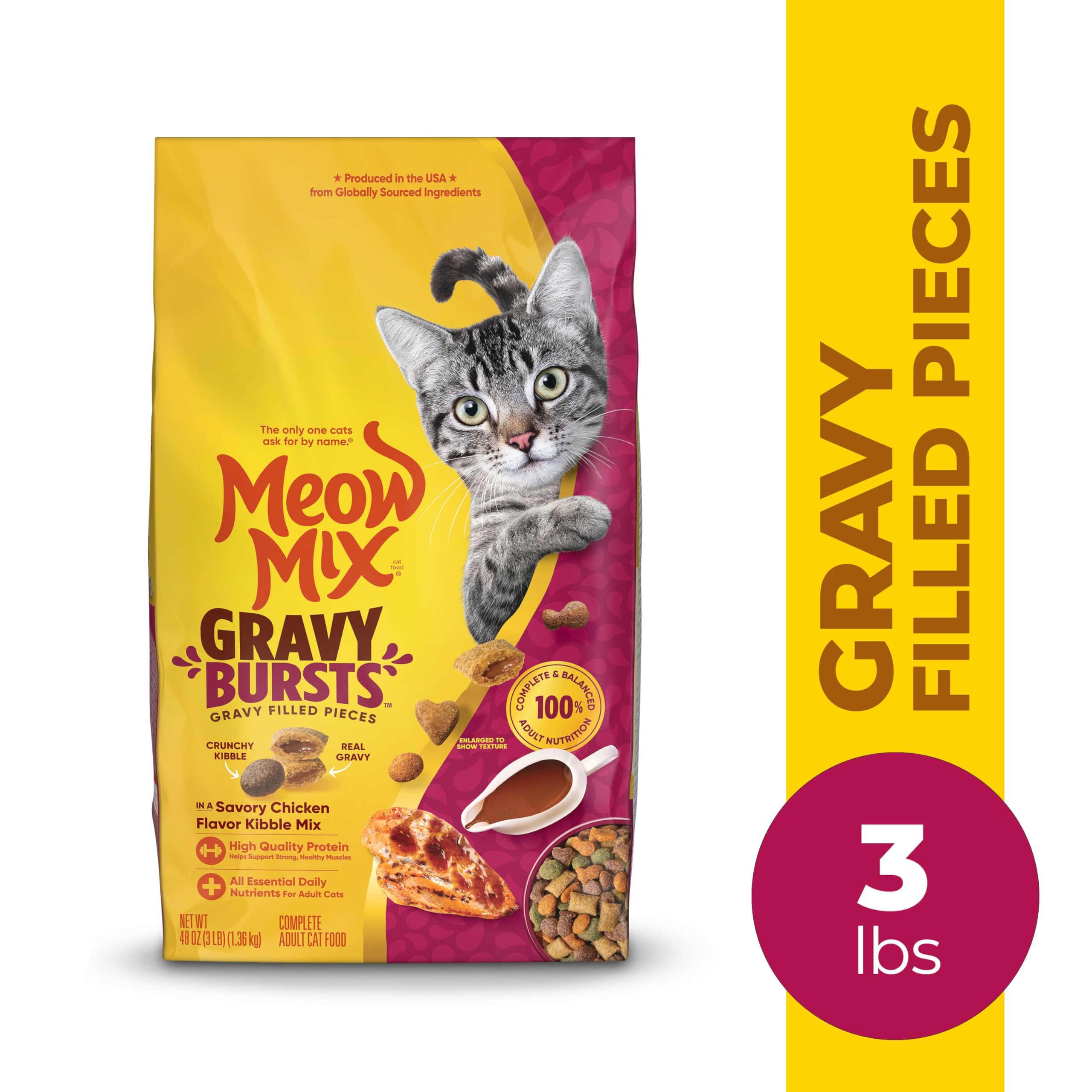 Meow Mix Gravy Bursts Dry Cat Food, Chicken, 3 LB Bag