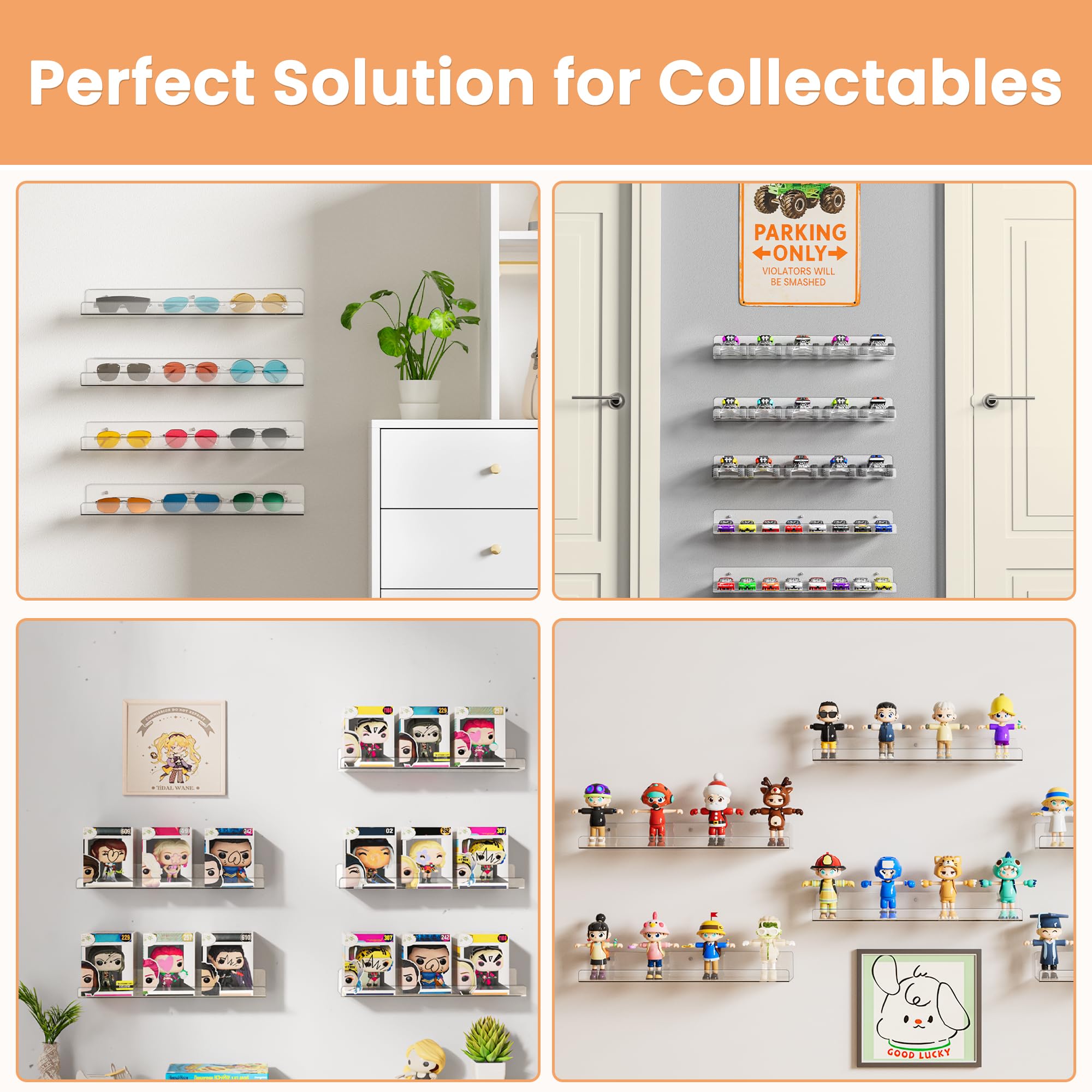 upsimples Acrylic Shelves for Bathroom Storage, 15" Floating Shelves Wall Organizer for Perfume, Make up, Skincare, Kids Bookshelf for Bedroom, Nursery, Living Room Decor, Clear, 4 Pack