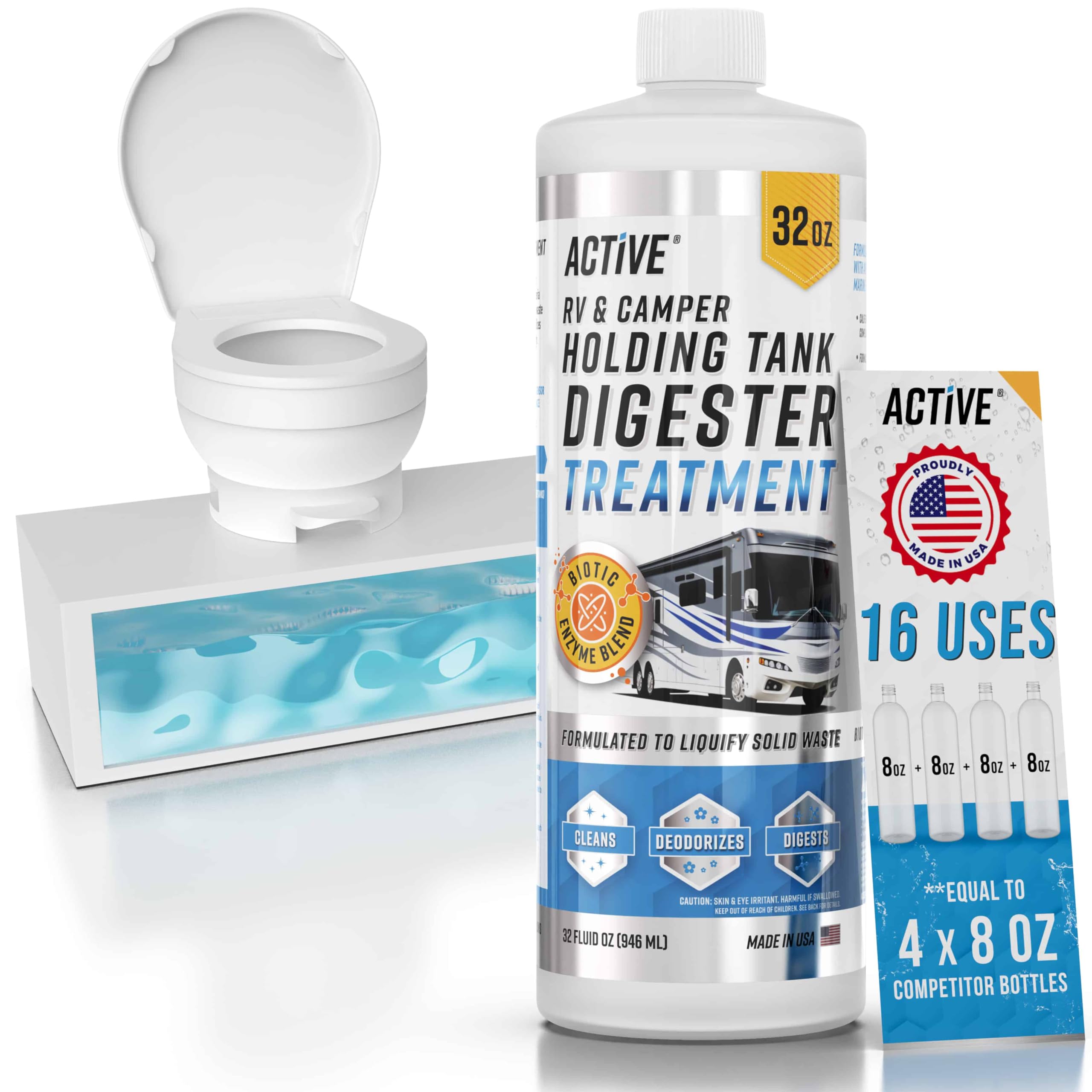 RV Black Tank Treatment Toilet Chemicals - 16 Treatments Waste Digester for Holding Tank, Gray Water Tank in RVs, Campers & Boat - Camper Toilet Sensor Cleaner, Sewer Deodorizer, 32oz - Made in USA