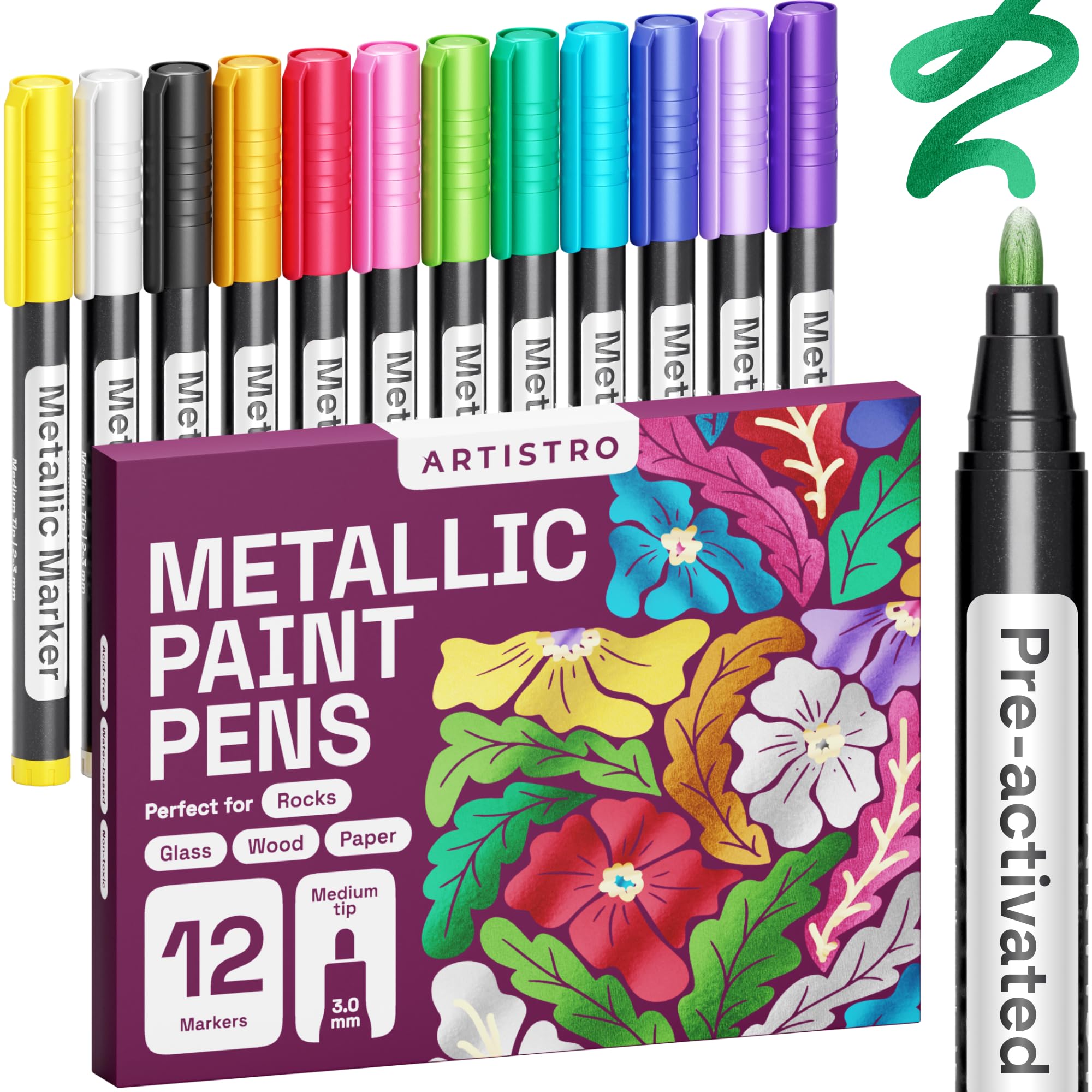 ARTISTRO Metallic Markers with Medium Tip, Metallic Acrylic Paint Markers, Metallic Paint Pens Pre-Activated, Metallic Pens for Kids & Adults, Metallic Markers for Black Paper, Rocks (Medium Tip, 12)