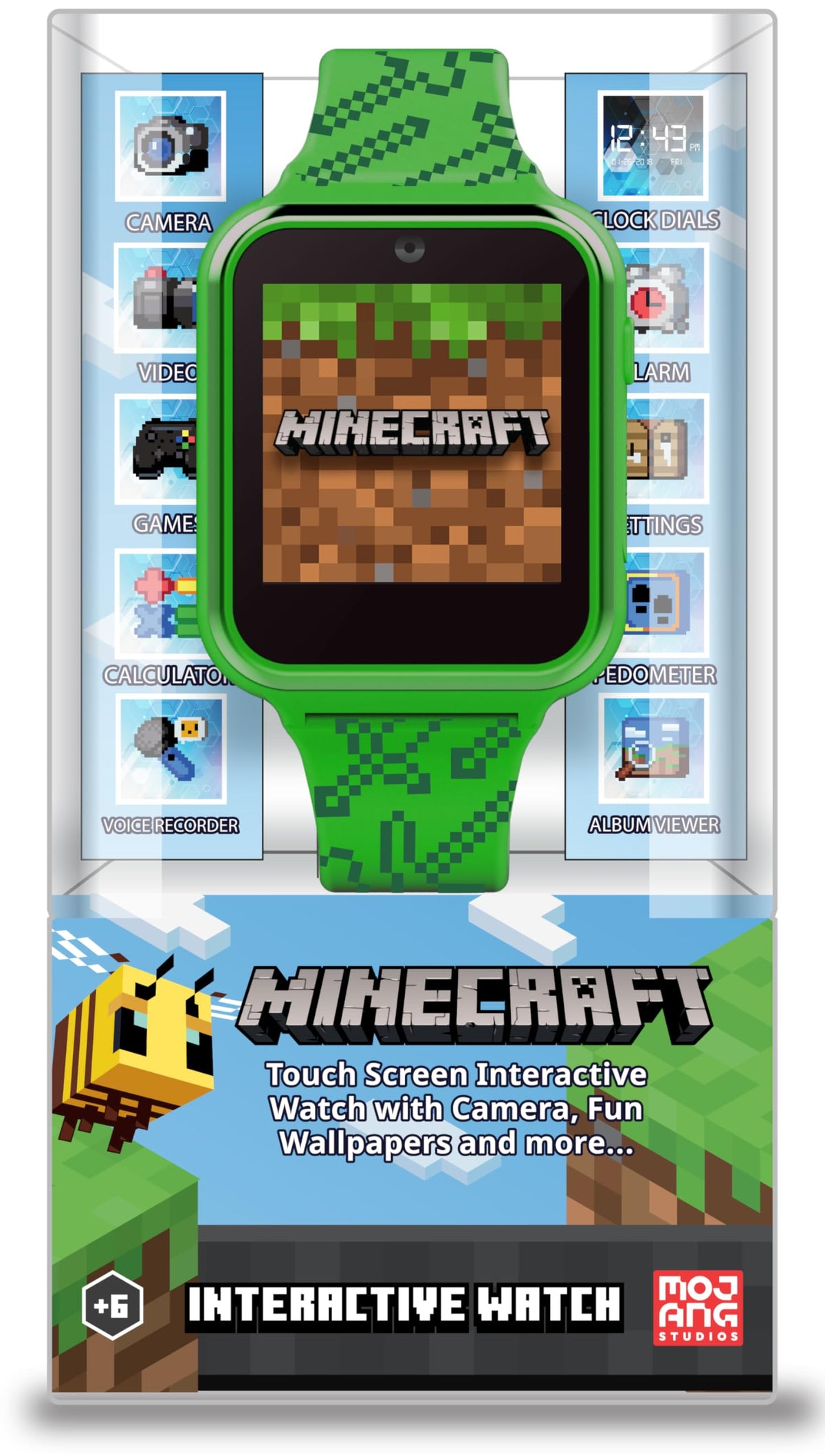 Minecraft Kids Smart Watch - Touchscreen Interactive Watch with 10 Customizable Clock Faces, Built-in Camera, Video Recorder, Alarm, Calculator, Games & Pedometer - Fits Wrists 5.5" to 8"
