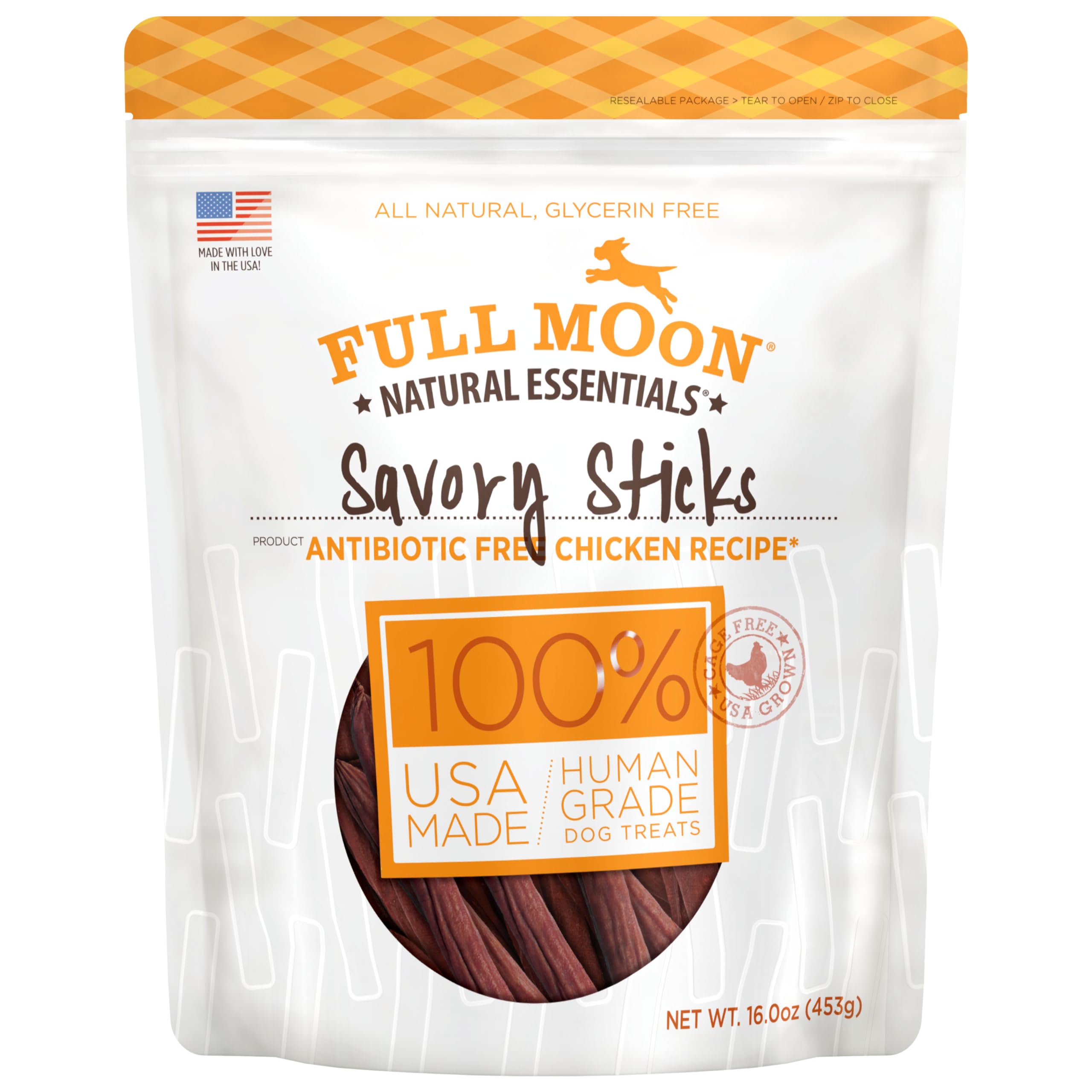 Full Moon All Natural Human Grade Dog Treats, Essential Chicken Savory Sticks, 16 Ounce