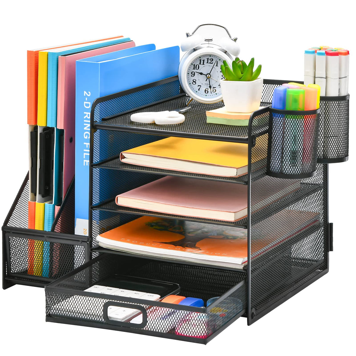 Marbrasse Schreibtisch-Organizer mit Aktenhalter, 5-stufiger Papier-Briefablage-Organizer mit Schublade und 2 Stifthaltern, Desktop-Organizer und Aufbewahrung aus Mesh mit Zeitschriftenhalter für Büromaterial (Schwarz)
