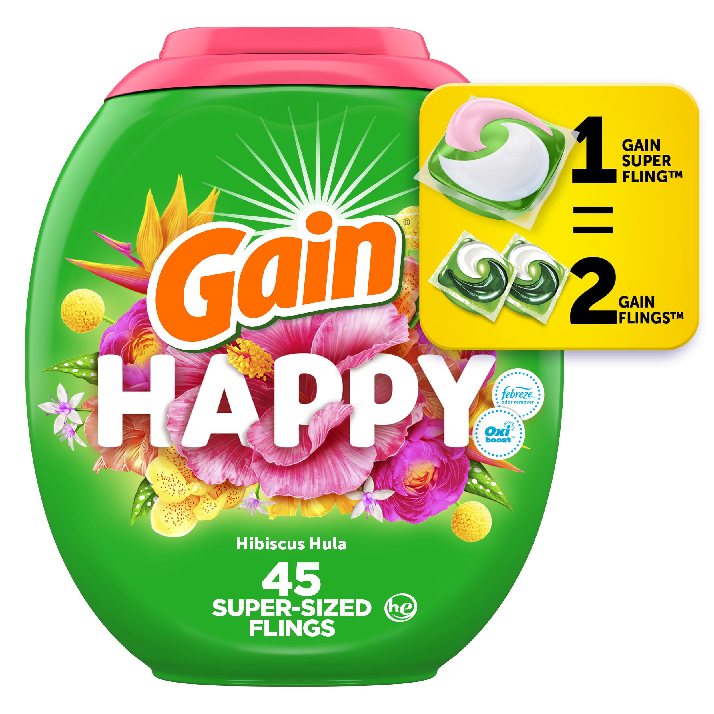 Gain Super Sized Flings Laundry Detergent Pacs, 3-in-1 with Febreze and Oxi, Happy Scent, 45 Count, Gain Laundry Detergent, Laundry Pacs Detergent