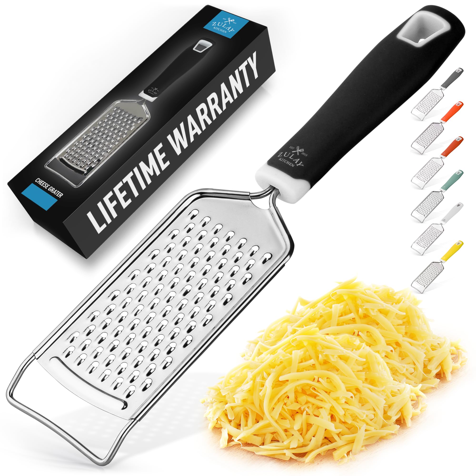 Zulay Kitchen Professional Cheese Grater Stainless Steel - Durable Rust-Proof Metal Lemon Zester Grater With Handle - Flat Handheld Grater For Cheese, Chocolate, Spices, And More - Black