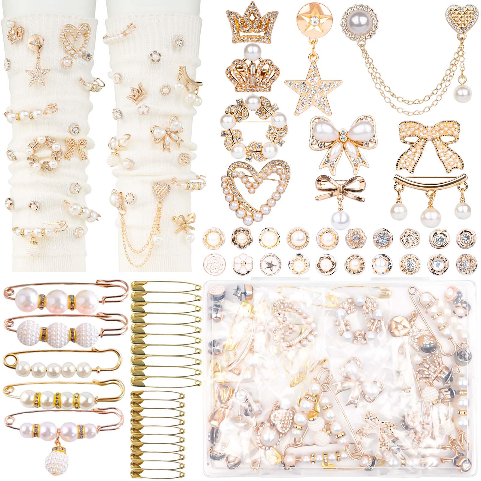 DoDoBeads 60 Pcs Junk Socks Charms Kit, Gold Brooches and Pins for Women, Pearl and Rhinestone Sock Charms with Safety Pins, DIY Accessories for Decorating and Personalizing Socks
