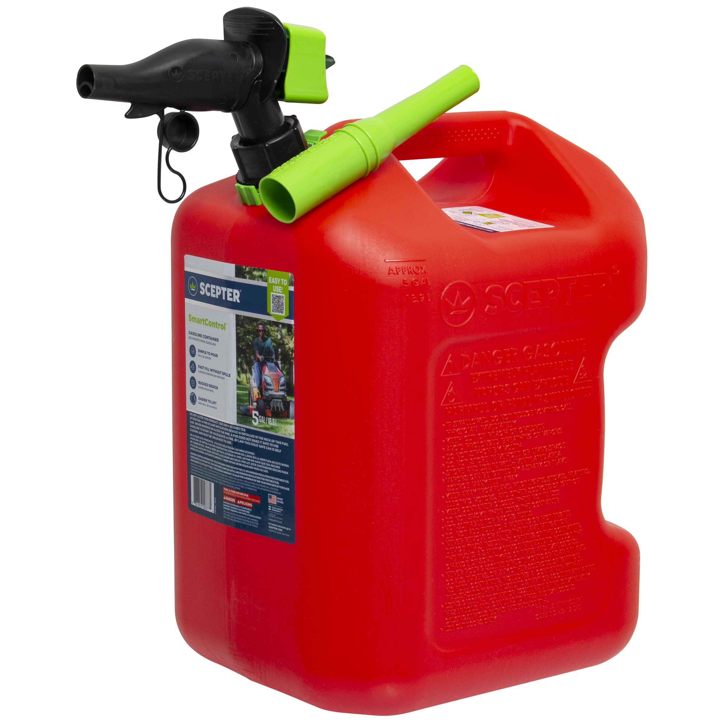 Scepter FSCG552 Fuel Container with Spill Proof SmartControl Spout with Bonus Spout Extender, Rear Handle Red Gas Can, 5 Gallon