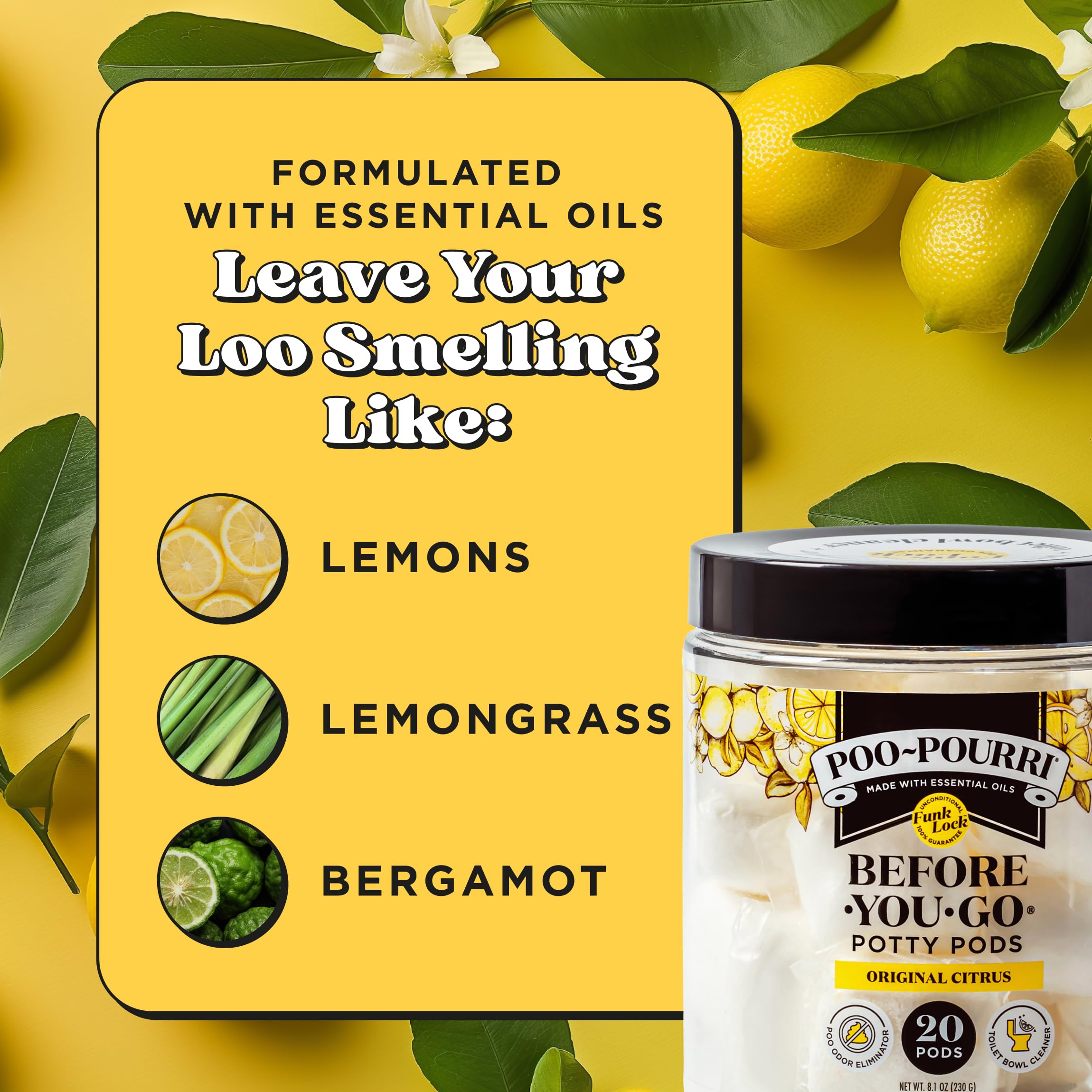 Poo-Pourri Before-You-Go 2-in-1 Toilet Potty Pods, Original Citrus, 20 Ct, Bathroom Odor Deodorizer and Toilet Cleaner with Essential Oils, Lemon, Bergamot and Lemongrass Scent