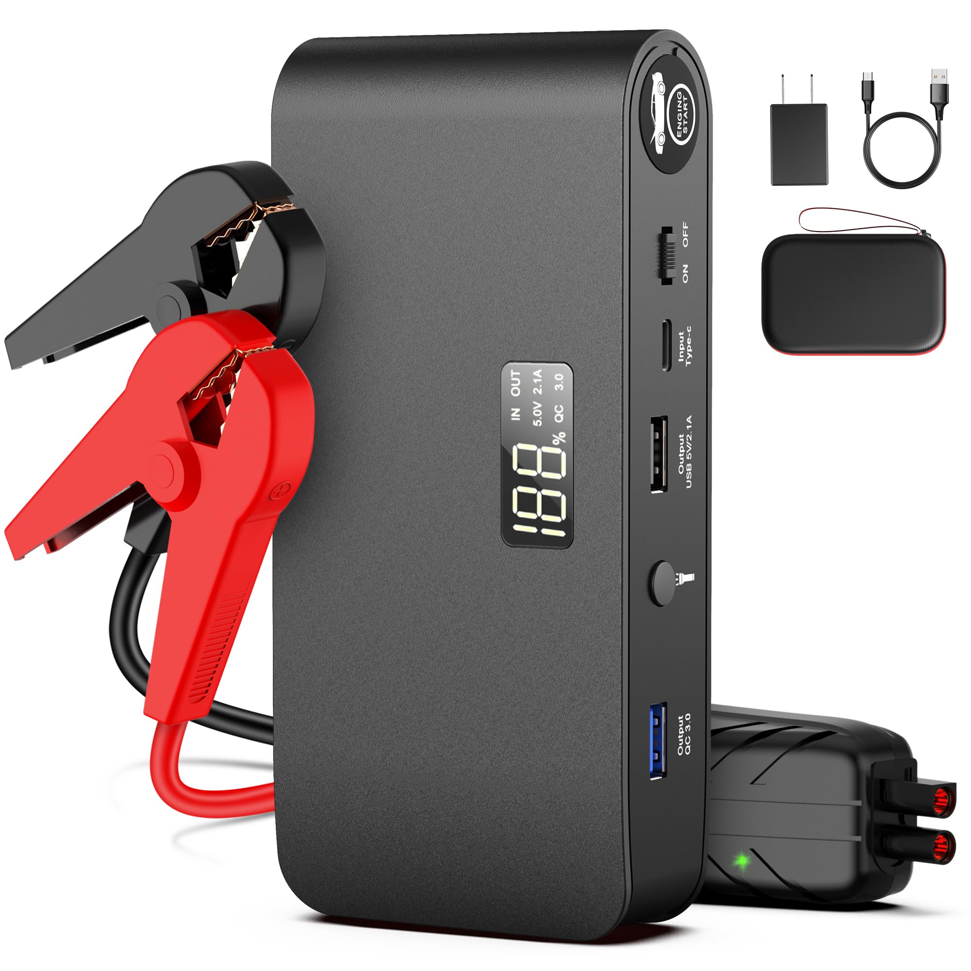 1600A Battery Jump Starter 16000mAh Jump Pack 12V with Jumper Cables, Portable Battery Booster with USB QC 3.0 Wall Charger for Car 7.2L Gas/5.5L Diesel Engine