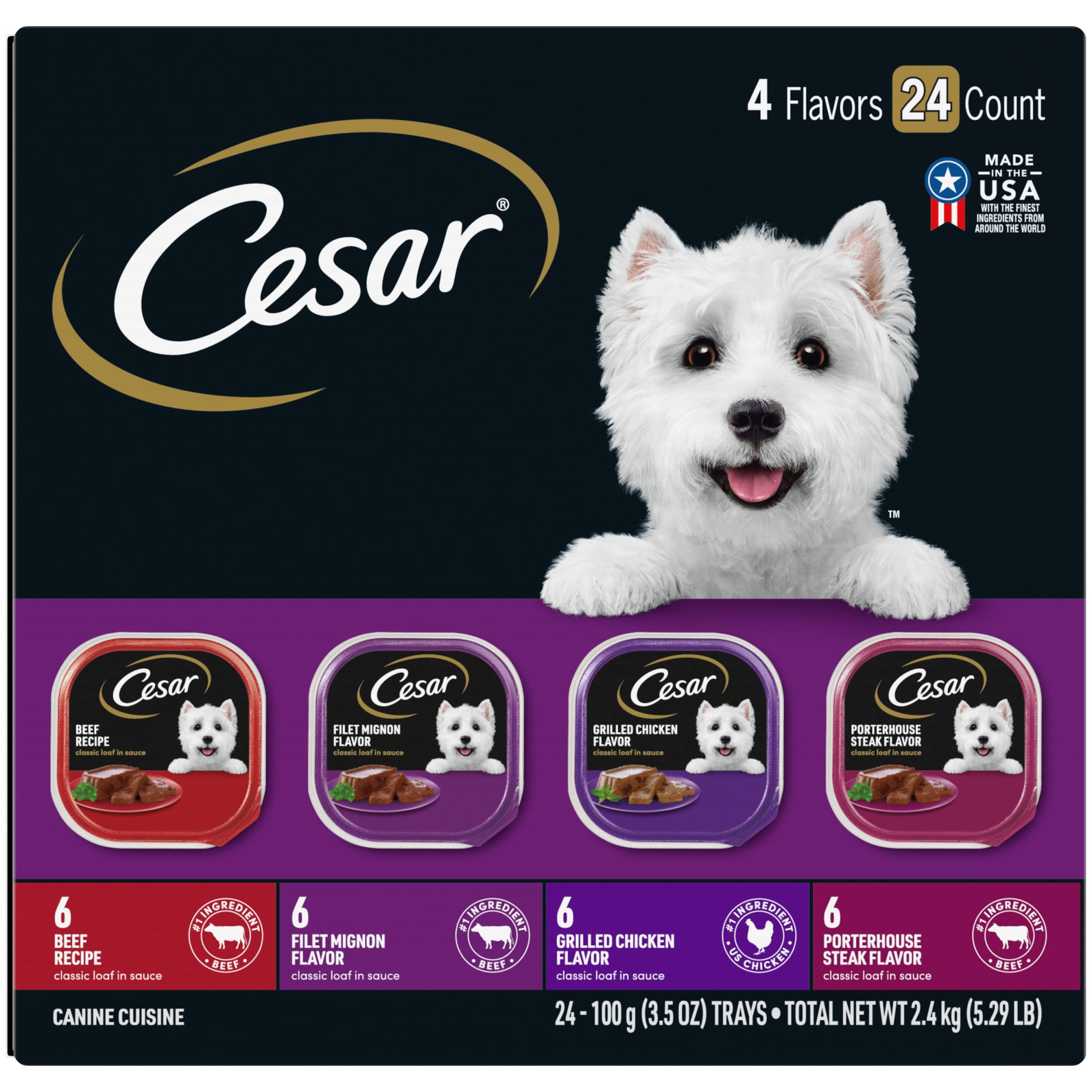 Cesar Nassfutter für Hunde, klassischer Pasteten-Mix in Sauce, Geschmacksrichtungen Rind, Filet Mignon, gegrilltes Hähnchen und Porterhouse Steak, 99 g Easy Peel Schalen (24 Stück, 1er-Pack)
