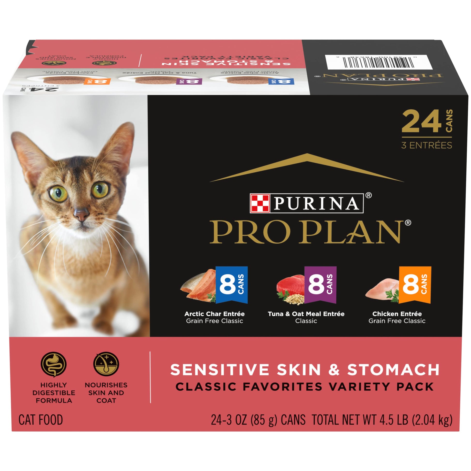 Purina Pro Plan Sensitive Skin and Stomach Wet Cat Food Variety Pack, Sensitive Skin and Stomach Entrees - (Pack of 24) 3 oz. Cans