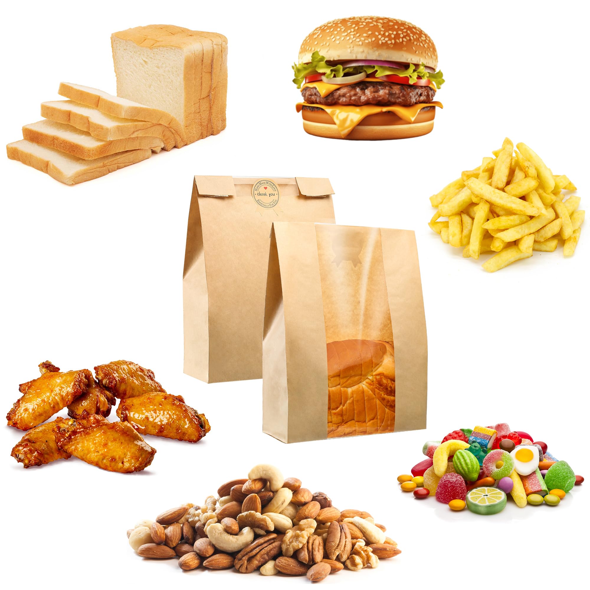 50 Pcs Bread Bags for Homemade Bread, Sourdough Paper With Window, 50% Thicker 13.7x8.2x3.7in A Large Bakery Bags Used for Storage Cookies & Snacks, 60 Cute Sealing Stickers With Ties