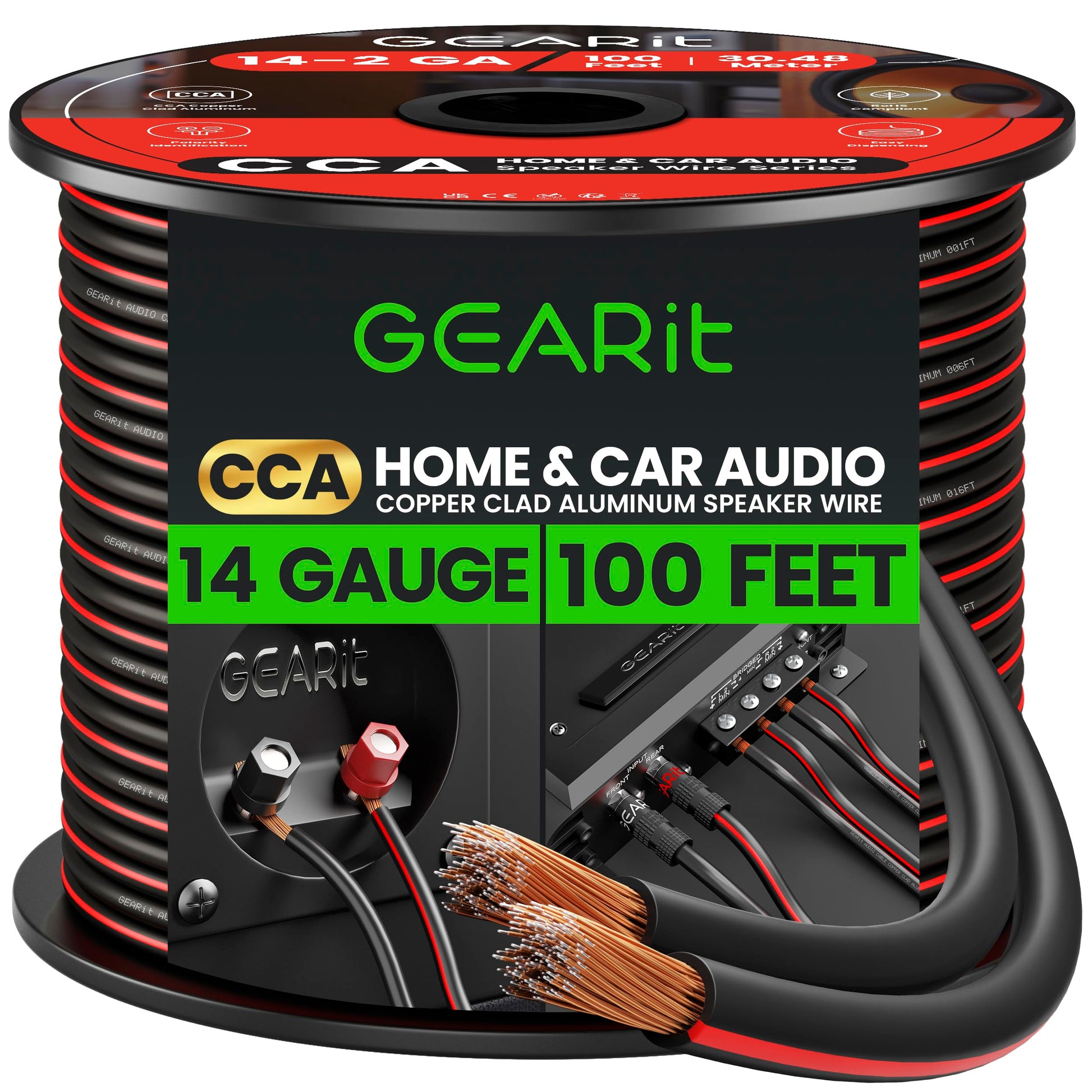 14AWG Speaker Wire, GearIT Pro Series 14 AWG Gauge Speaker Wire Cable (100 Feet / 30.48 Meters) Great Use for Home Theater Speakers and Car Speakers Black