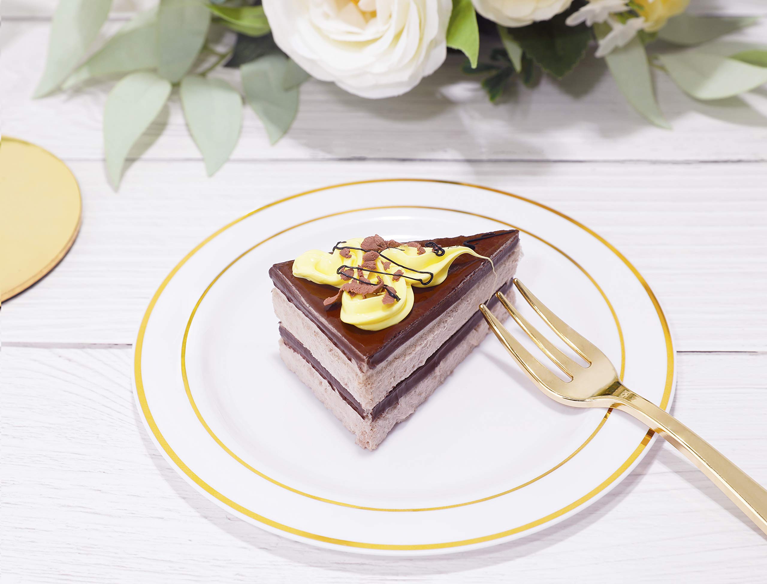bUCLA 100Pieces Gold Plastic Plates - 6.25inch White with Gold Rim Disposable Salad/Dessert/Appetizer/Small Cake Plates Premium Hard - Ideal for Wedding & Party
