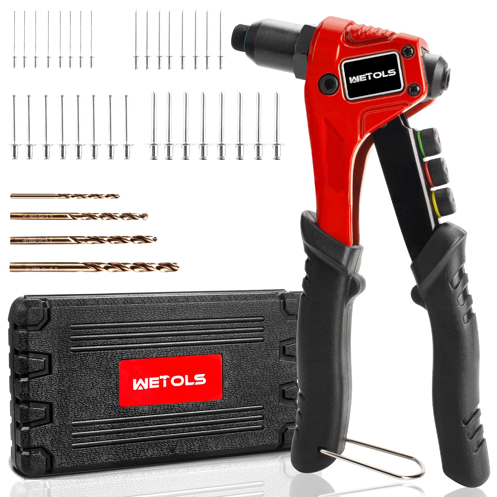 WETOLS Pop Rivet Gun Kit with 200 Blind Rivets, Upgraded Manual Single Hand Riveter with 4 Tool-Free Interchangeable Rivet Heads and 4 Drill Bits, Pop Rivet Tool Kit with Sturdy BMC Carrying Case