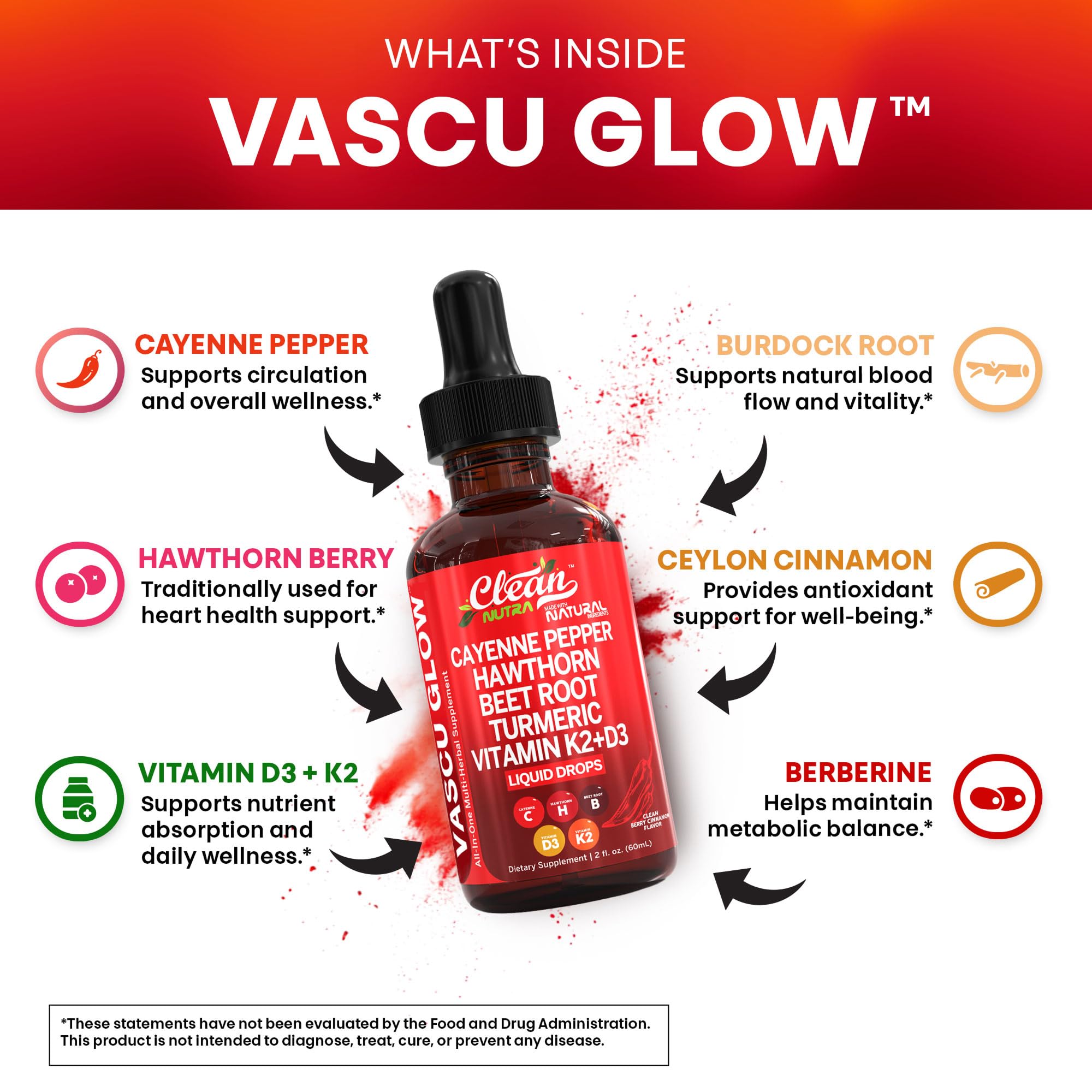 Clean Nutra Cayenne Pepper Drops Supplement Liquid + Hawthorn Berry, Vitamin D3 K2 Beet Root Powder, Ceylon Cinnamon, Turmeric Curcumin, Organic Panax Ginseng, Berberine Extract 1 Pack