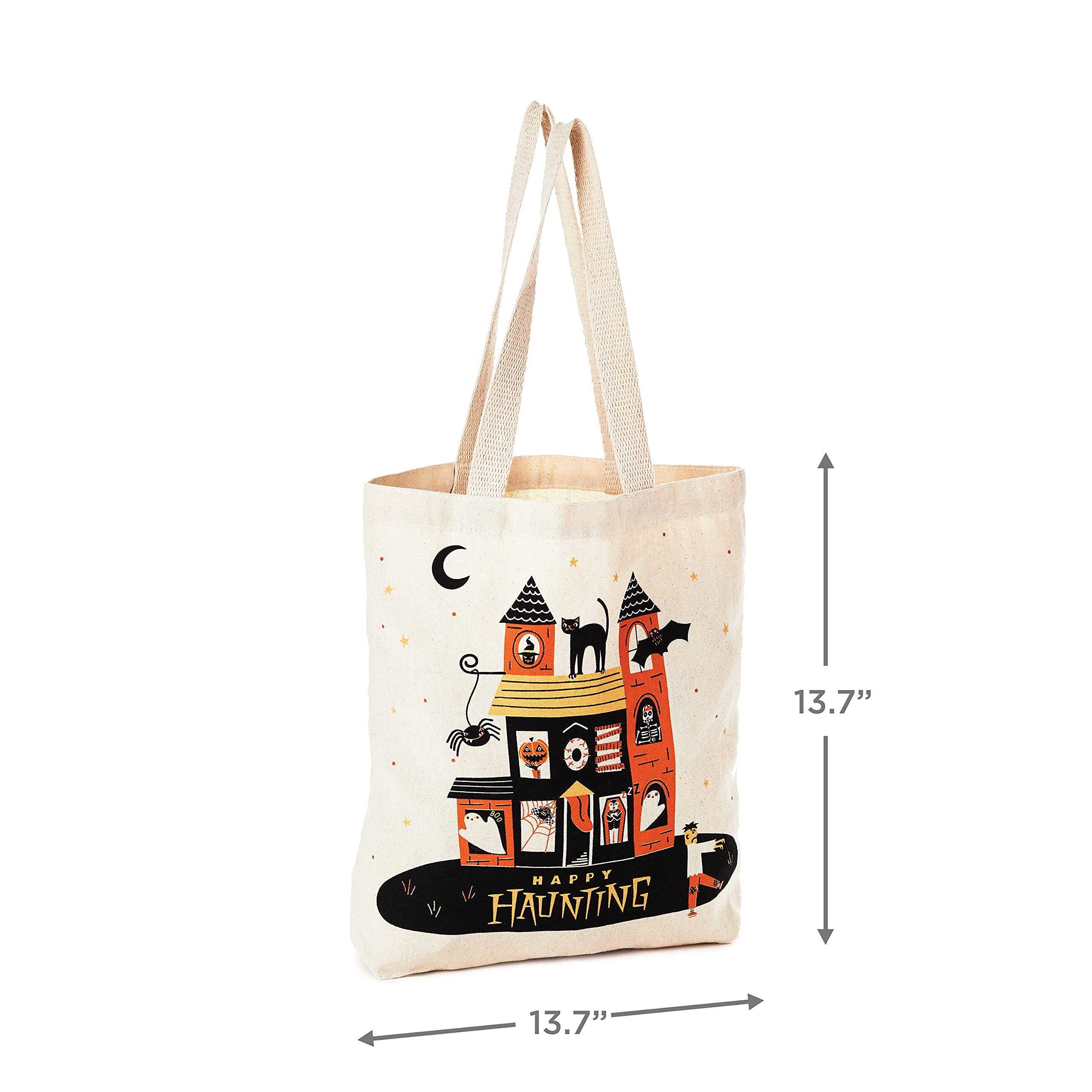 Hallmark 13" Large Halloween Tote Bag (Happy Haunting Haunted House) Reusable Canvas Bag for Trick or Treating, Grocery Shopping and More