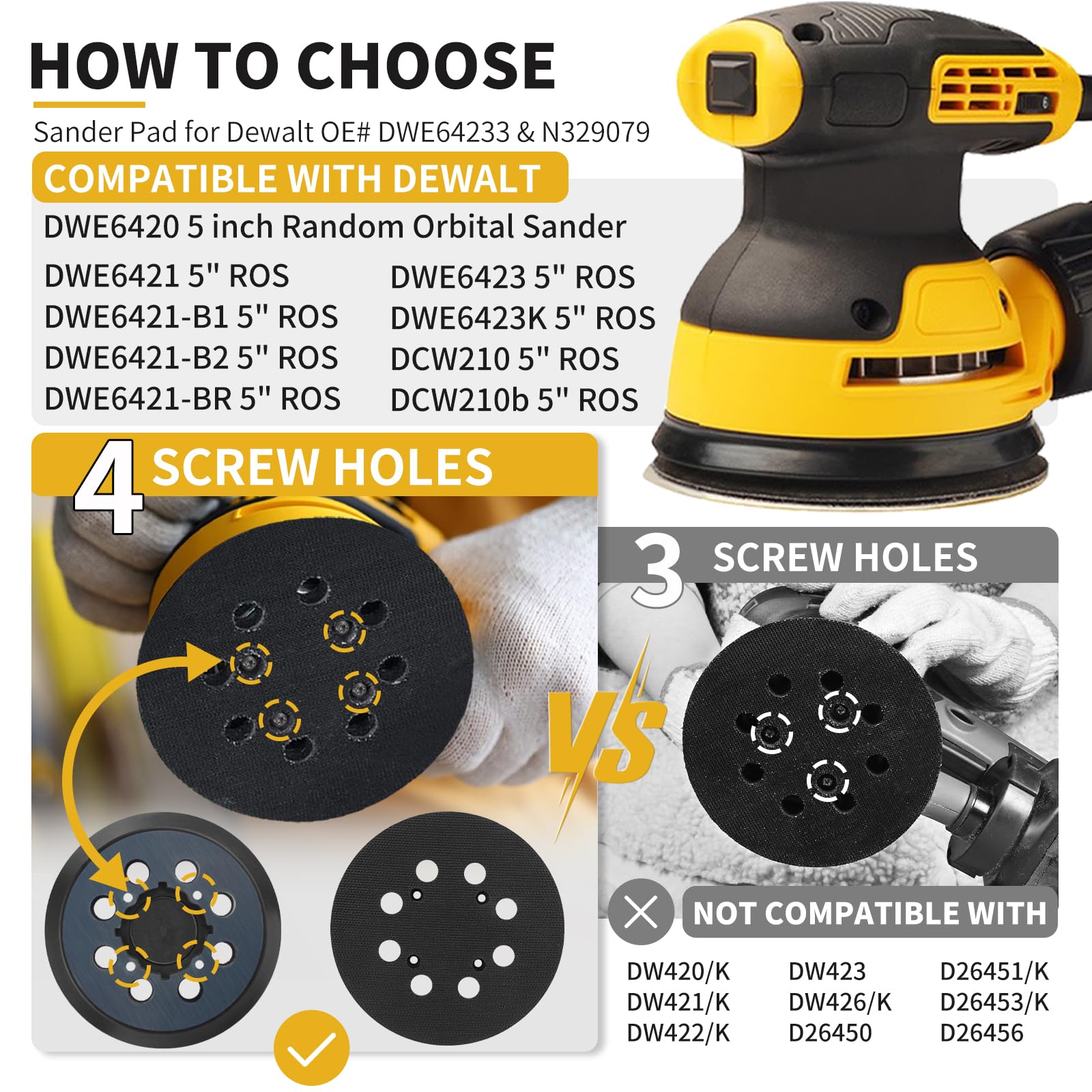 Sander Pad for Dewalt, 2 Pack 5" 8 Hole Hook and Loop Orbital Sander Pad Replacement for DeWalt DWE6421 6421K DWE6423 6423K DCW210B (4 Screw Holes Sanding Part for DeWalt DWE64233 & N329079)