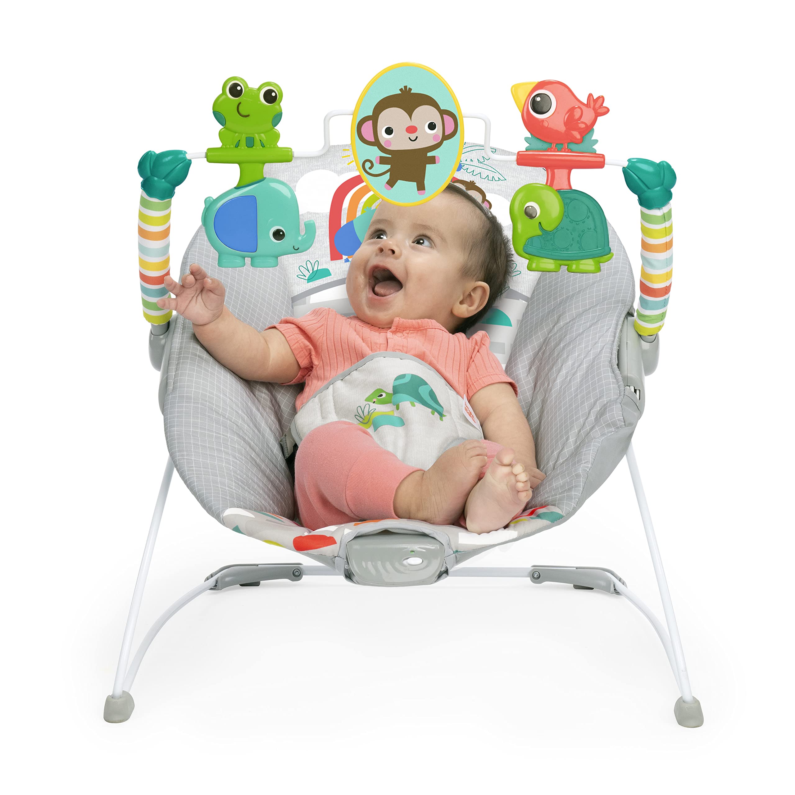 Bright Starts Playful Paradise Comfy Baby Bouncer Seat with Soothing Vibration and Toys, Unisex, 0-6 Months