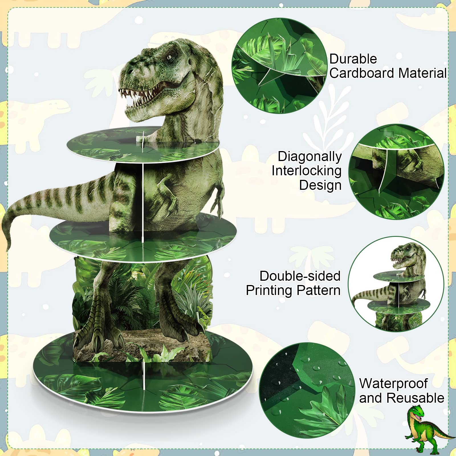3 Tier Dinosaur Cupcake Stand Party Decorations Dinosaur Theme Cupcake Holder Decorations Dino Dessert Tower for Kids Dino Jungle Theme Party Birthday Supplies(Realistic)