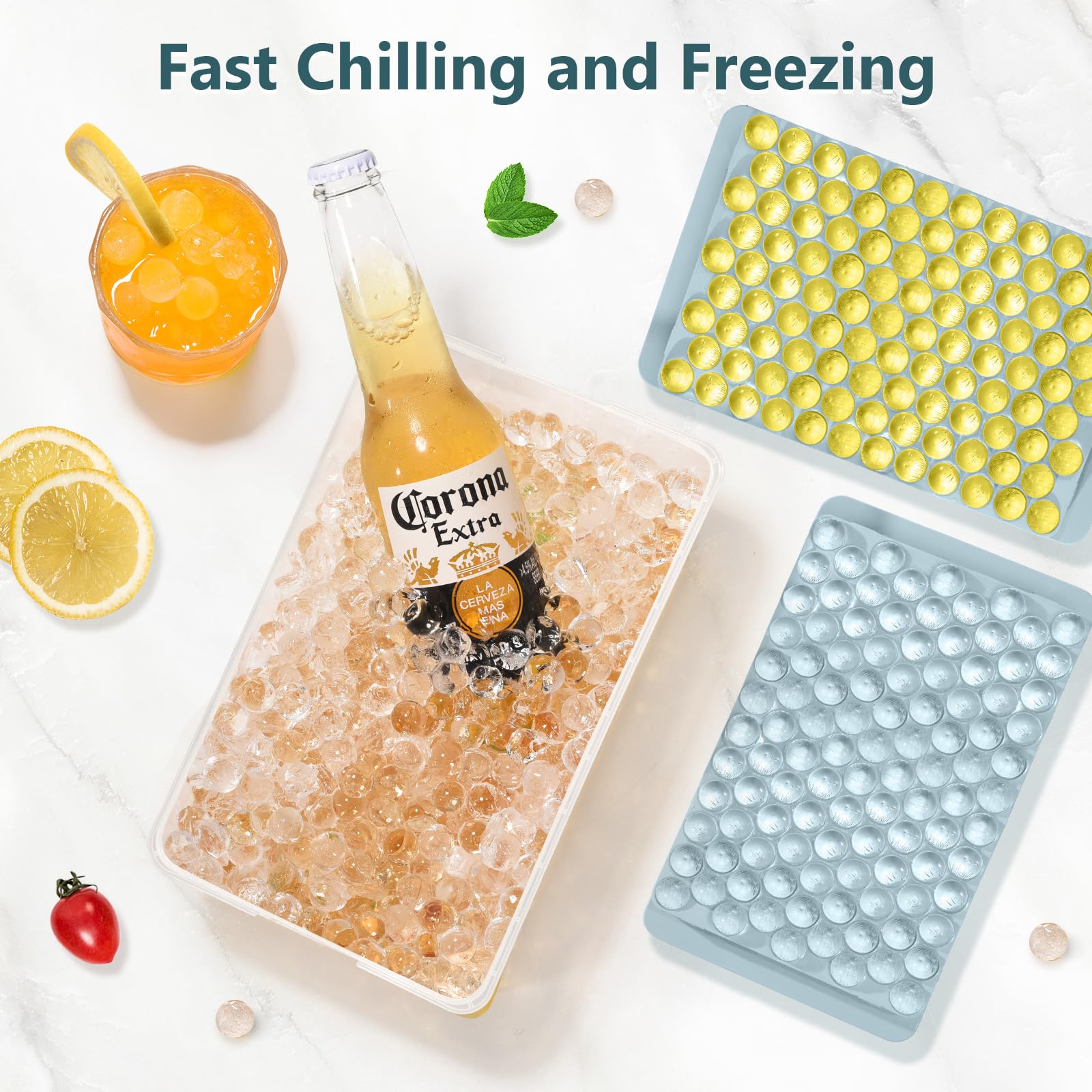 WIBIMEN Mini Ice Cube Trays, Small Tiny Round Pebble Crushed Nugget Ice Trays for Freezer with Lid - Chilling Drinks Coffee Juice(2 Pack/0.55In - Blue)