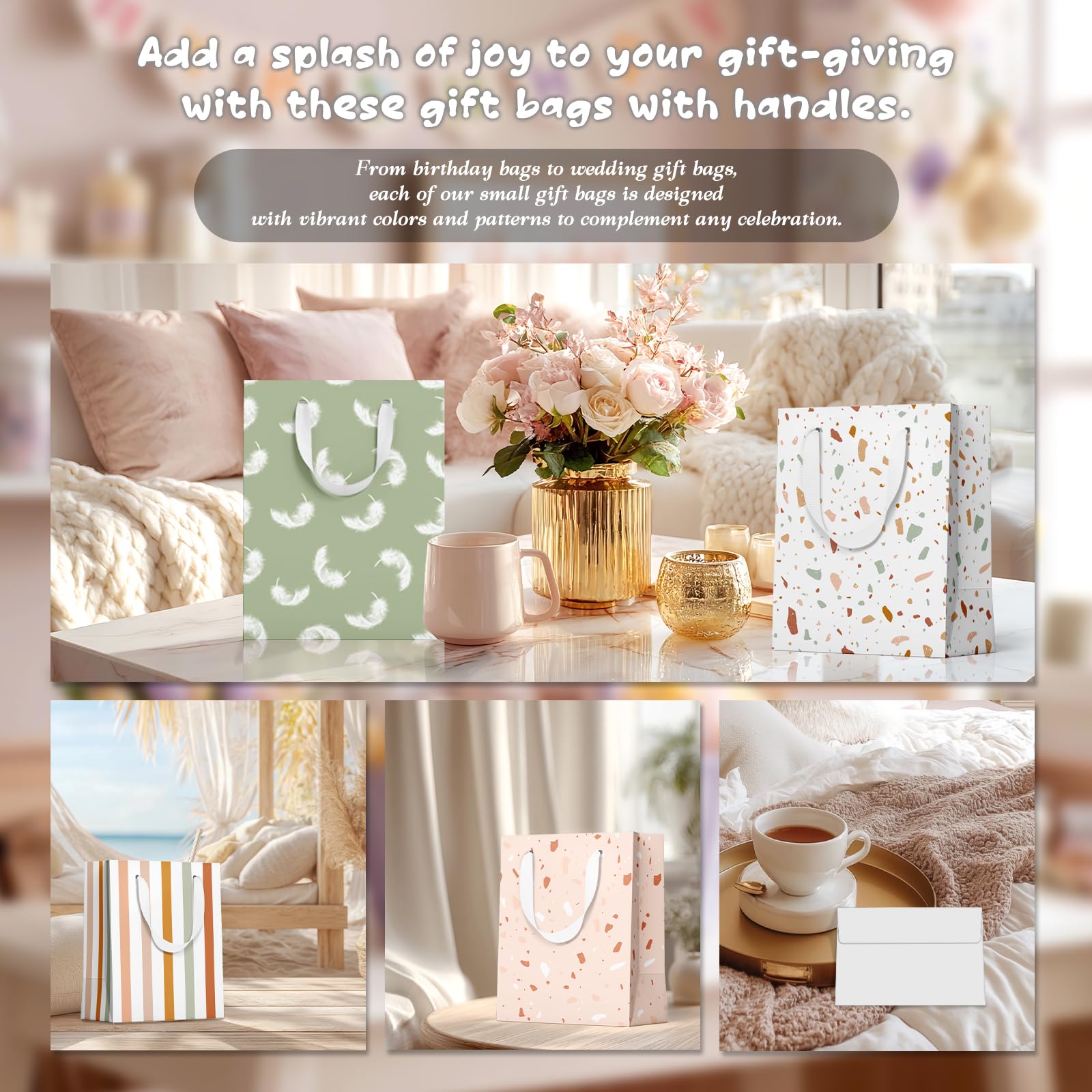 slapaflife Gift Bags Medium Size, Tissue Paper for Gift Bags Incl.Cards & Self-adhesive Envelope - Reusable & For Birthday, Mothers Day, Wedding, Baby Shower and Any Occasion.(4 Pack- 9")