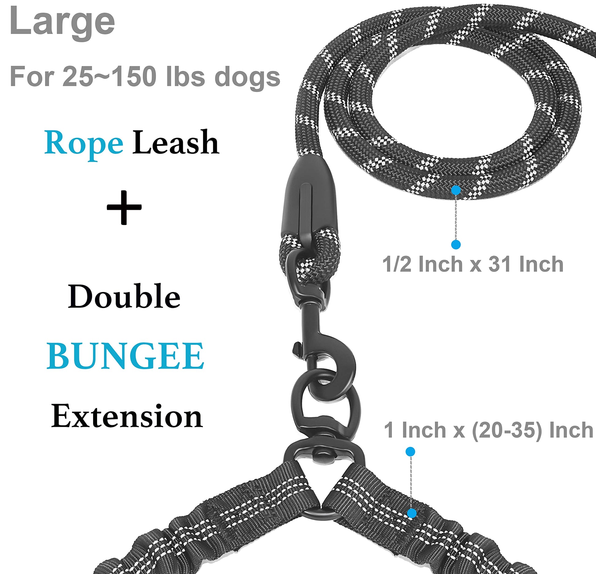 iYoShop Dual Dog Leash - 360° Swivel, No Tangle Walking Leash with Shock Absorbing Bungee for Two Dogs (Large, 25-150 lbs, Black)