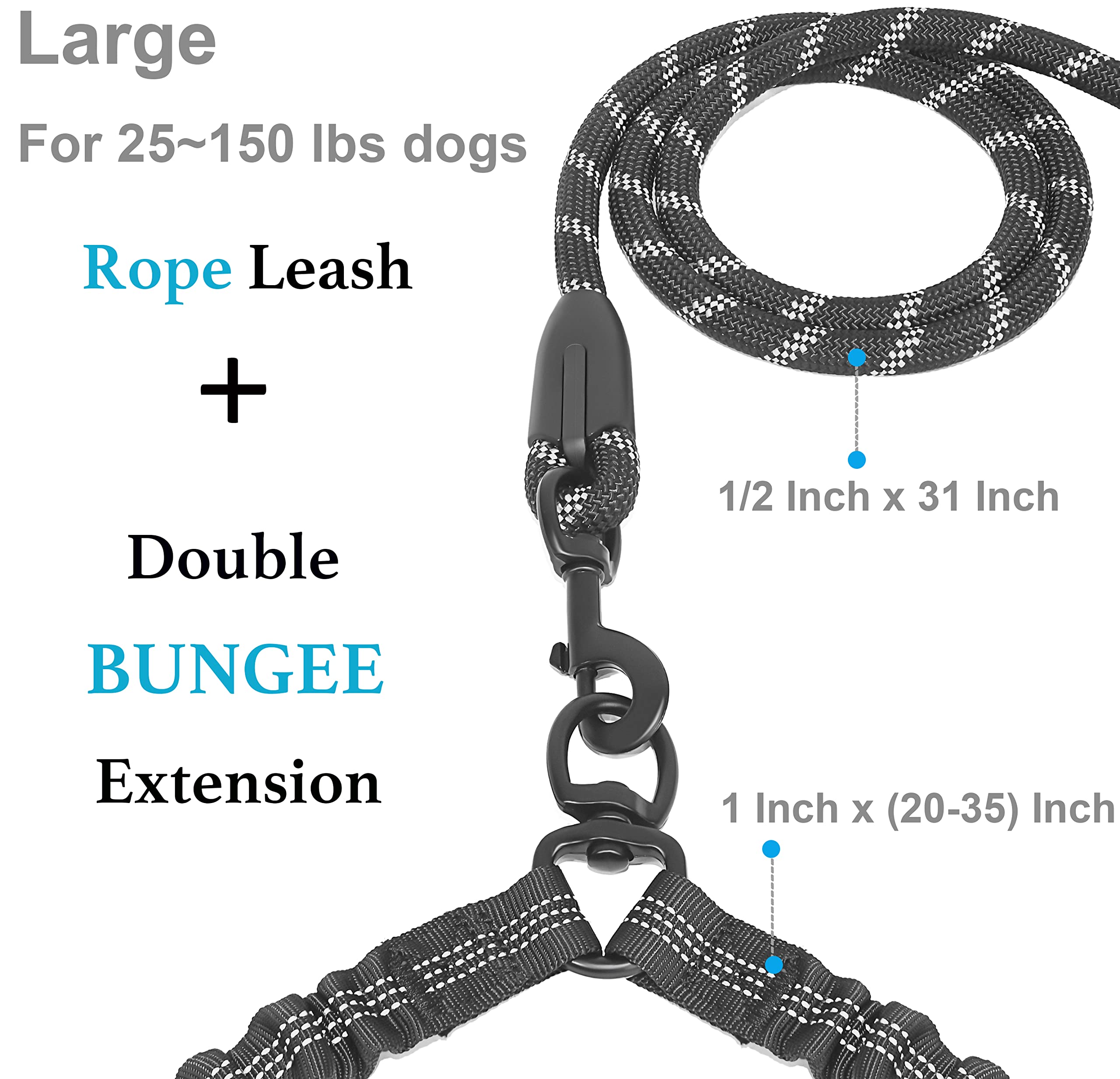 iYoShop Dual Dog Leash - 360° Swivel, No Tangle Walking Leash with Shock Absorbing Bungee for Two Dogs (Large, 25-150 lbs, Black)