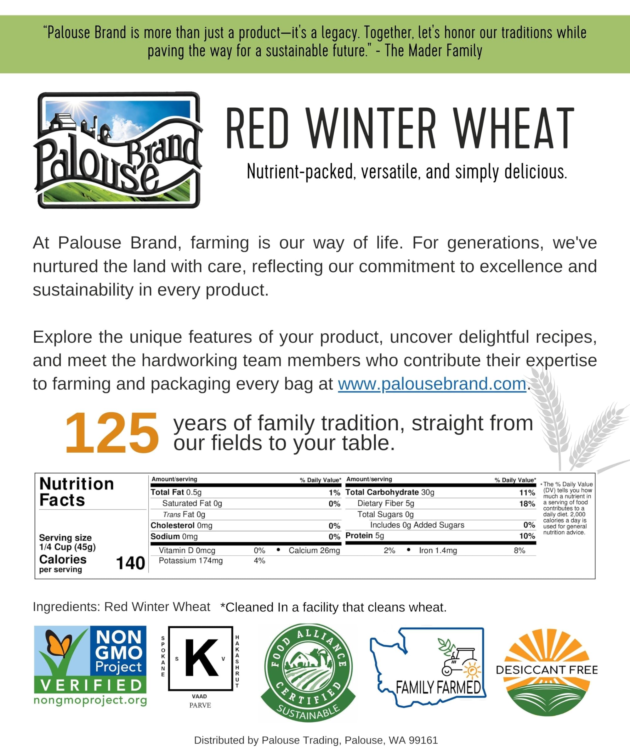 Certified Glyphosate Residue Free Hard Red Winter Wheat Berries | 5 LBS | Family Farmed in Washington State | Non-GMO Project Verified | 100% Non-Irradiated | Certified Kosher Parve | Field Traced | Burlap Bag