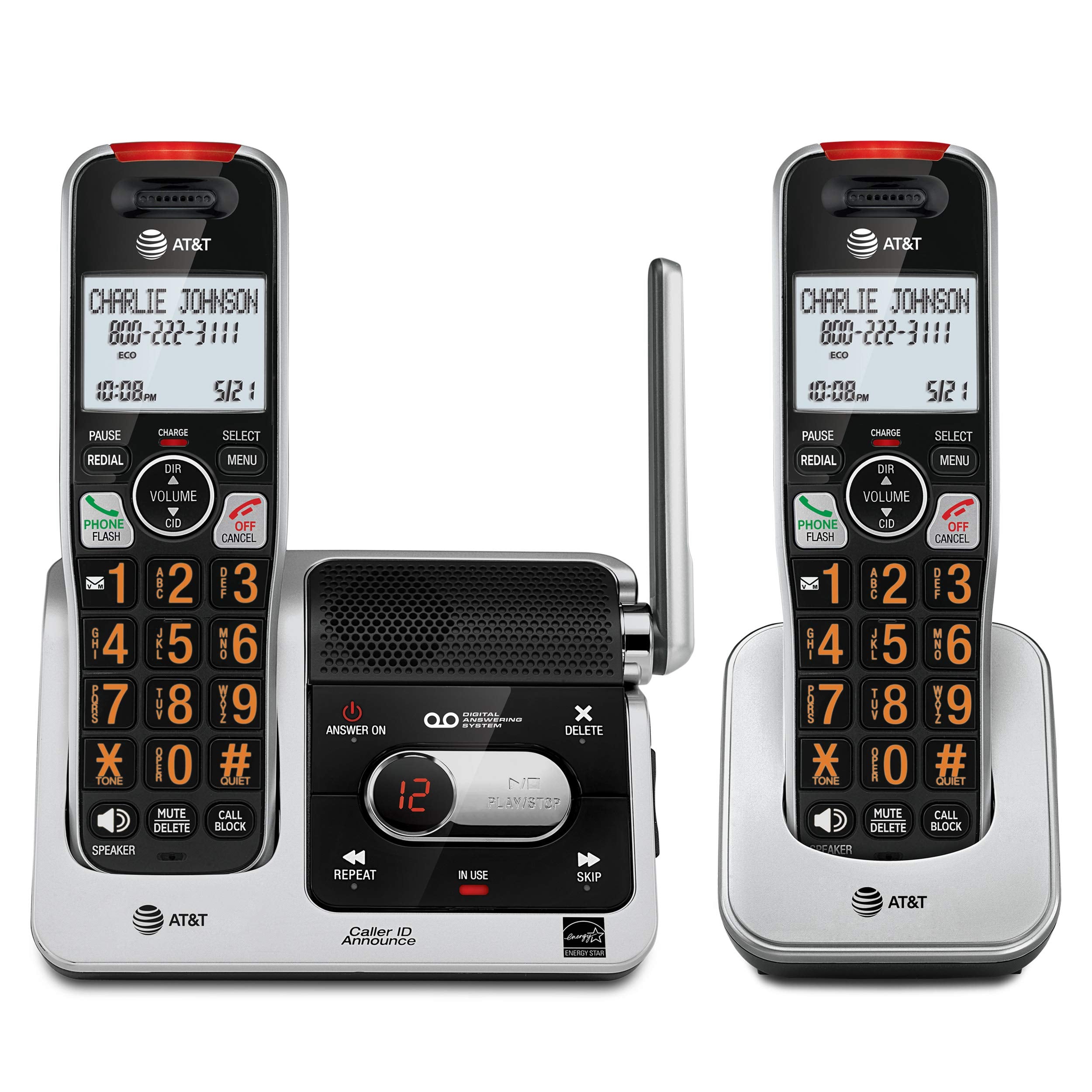 AT&T BL102-2 DECT 6.0 Schnurlostelefon mit 2 Mobilteilen für Zuhause mit Anrufbeantworter, Anrufblockierung, Anrufer-ID-Ansage, Audio-Unterstützung, Intercom und unübertroffener Reichweite, Silber/Schwarz